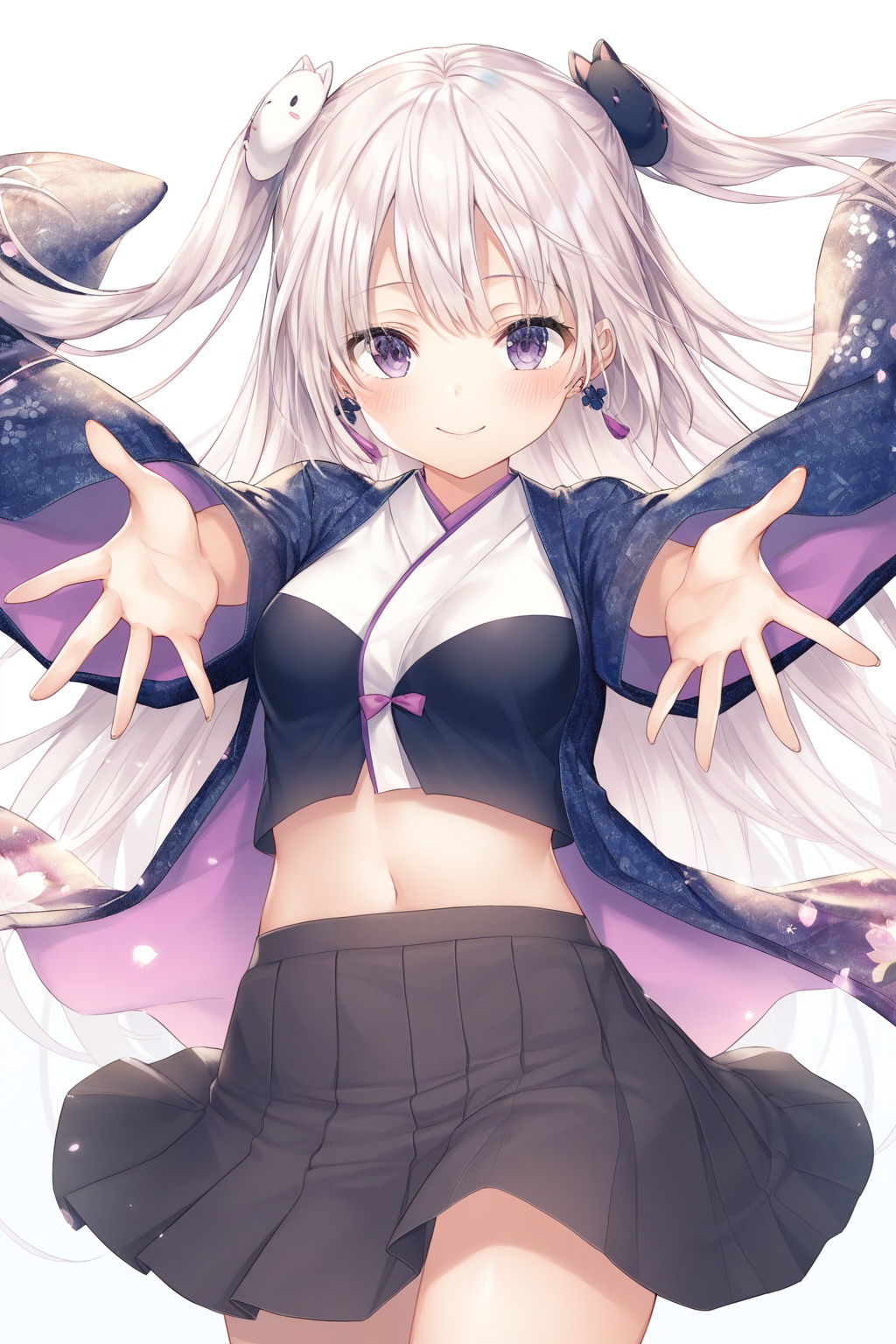 solo, 1girl, navel, smile, skirt, purple_eyes, long_hair, white_background, white_hair, wide_sleeves, outstretched_arms, black_skirt, hair_ornament, long_sleeves, looking_at_viewer, closed_mouth, very_long_hair, two_side_up, floral_print, japanese_clothes, blush, shirt, breasts, earrings, simple_background, open_clothes, midriff, pleated_skirt