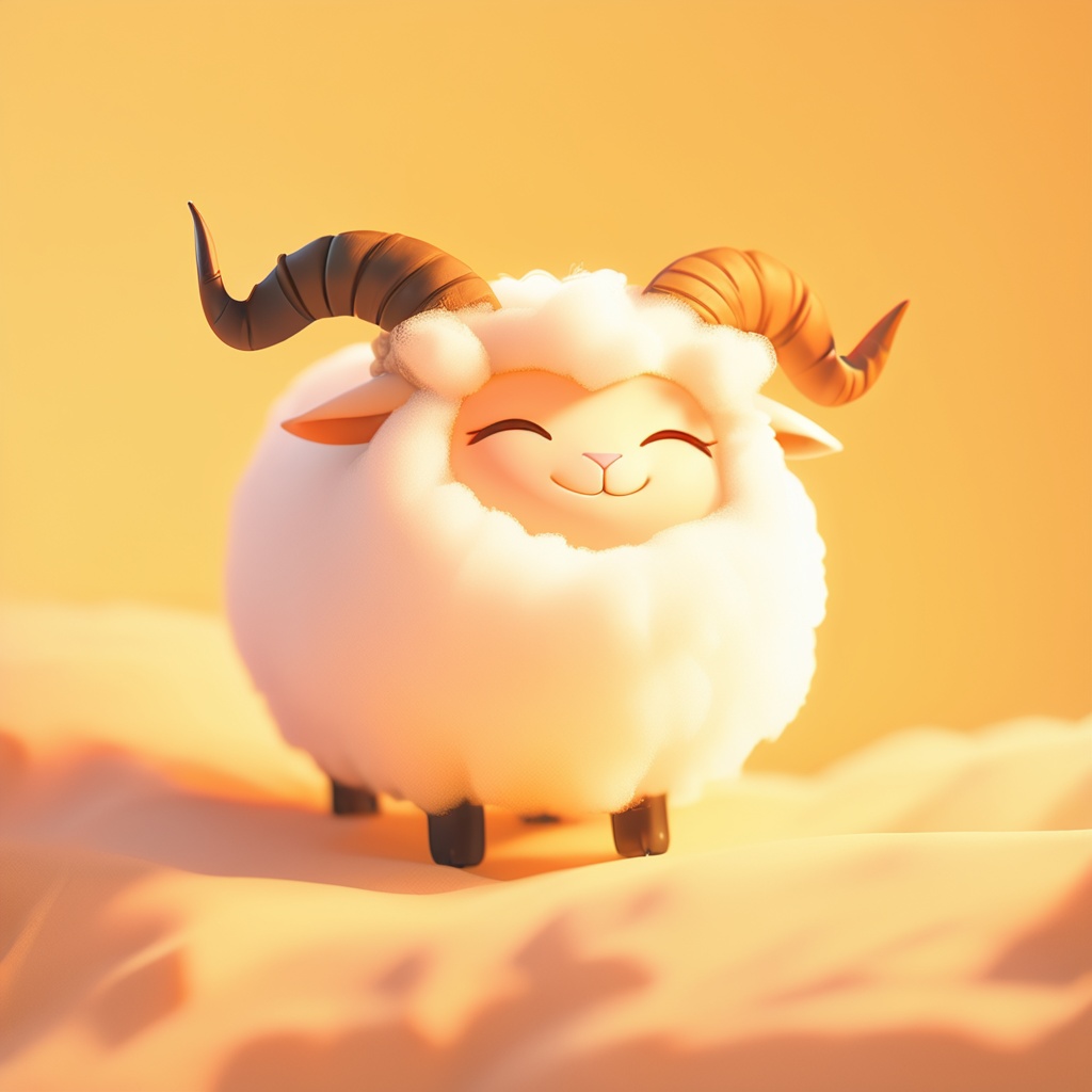 weiyang, sheep, fluffy, cute, mf-movie-filter, warm colors, white fur, whimsy and dramatic lighting, cc-color-correction, ^ ^, soft lighting, sheep horns, :3, sheep focus, sheep ears, no humans, closed eyes, solo, smile, horns<lora:shengxiao_xl:0.8>,