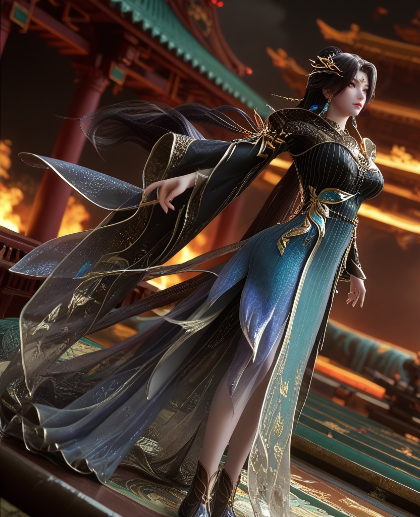 (oriental architecture, elegant decor, sophisticated style:1.1),(Legs parted, arms stretched,:1.1),dutch angle,(large breasts:1.2),<lora:XL16云深不知梦羲和第9集:0.95>,miss xihe,ombre gown,yellow eyes,forehead jewel,black hair,absurdly long hair,traditional chinese updo with long cascading hair,hair ornament,jewelry,earrings,wide sleeves,boots,eyeshadow,, score_9,score_8_up,score_7_up,score_6_up,score_5_up,score_4_up,3d rendering,tag1,tag2, Cinematic Lighting,backlighting,