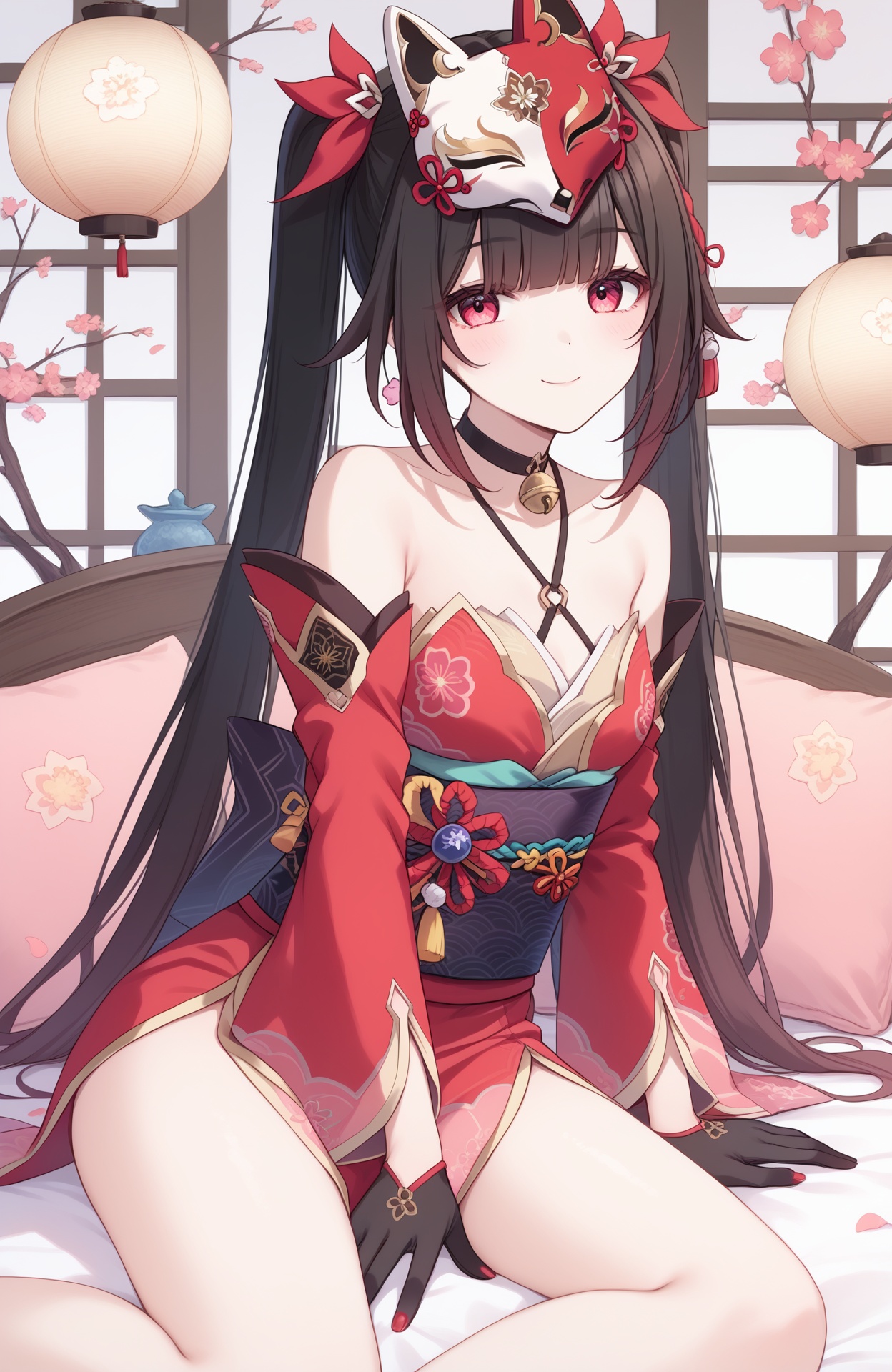 1girl,solo,looking at viewer,a girl named huahuo,huahuo,1girl,twintails,looking at viewer,fox mask,bare shoulders,mask on head,black choker,detached sleeves,obi,jingle bell,black sash,black gloves,neck bell,criss-cross halter,red nails,red dress,<lora:花火ponysnr:1>,indoors,wariza,, (score_9,score_8_up,score_7_up),(masterpiece,best quality,high quality:1.2),absurdres,