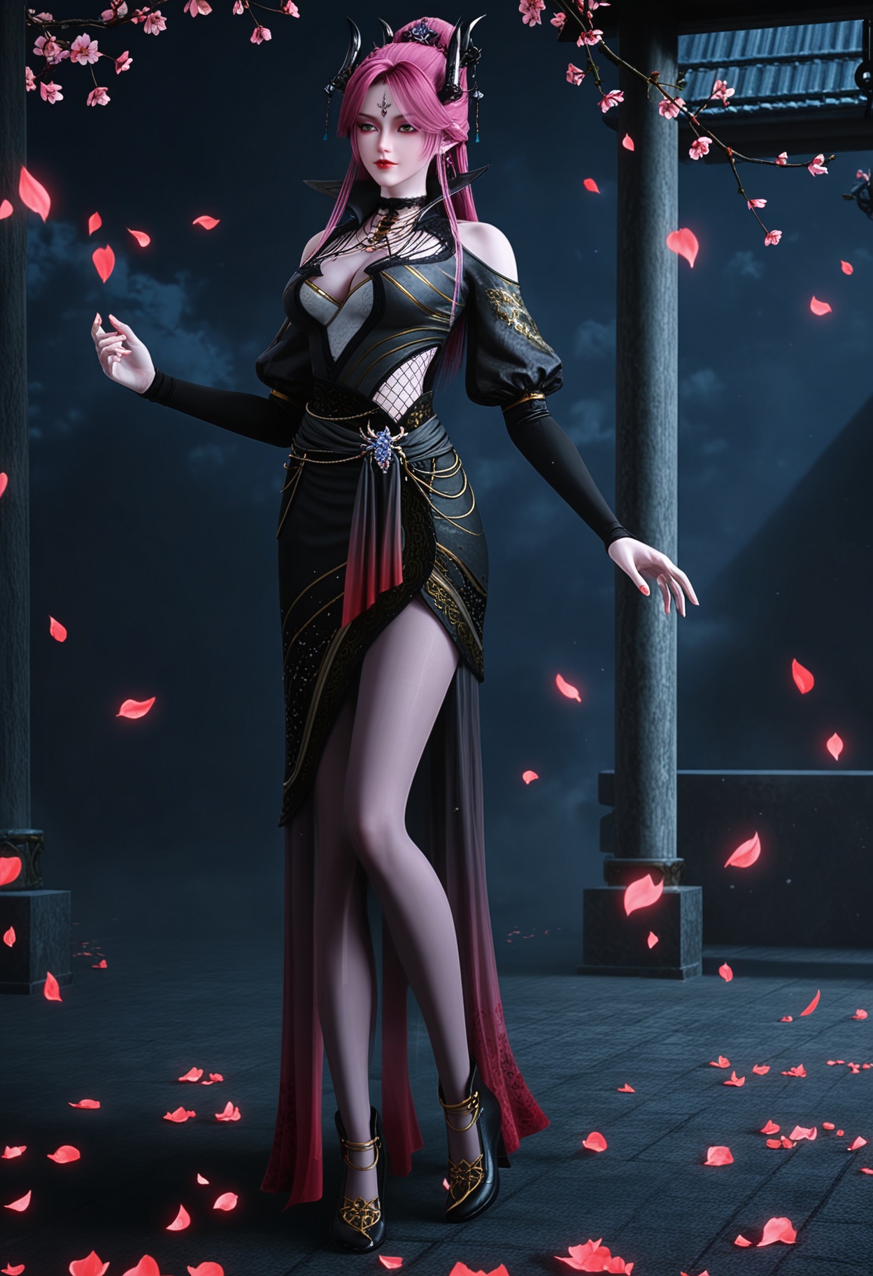 (standing full_body:1.1),looking at viewer:1.1,masterpiece,(best quality),(mutated_hands:-1.2),(bad hands:-1.2),smog,Dark room,dim lighting,peach blossom,falling petals,<lora:YQ_Illustrious光辉v5_曼罗_V1:0.9>,q1528437228,1girl,solo,long hair,pink hair,jewelry,horns,hair ornament,earrings,choker,dress,makeup,necklace,red lips,red hair,purple hair,black dress,forehead mark,black high heels,yellow eyes,high collar,black choker,brown eyes,pantyhose,hair bun,black pantyhose,hair over one eye,long sleeves,puffy sleeves,eyeshadow,