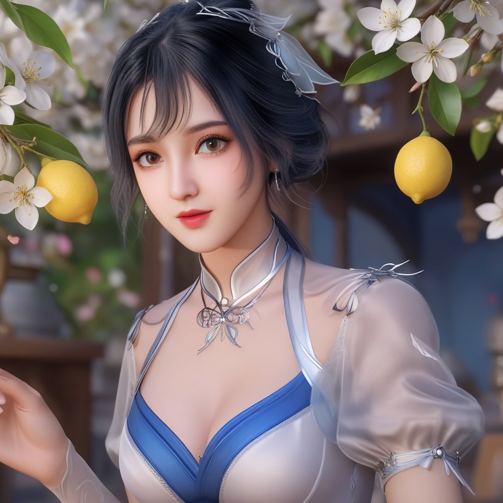 <lora:707-DA-XL-斗罗大陆-唐舞桐:0.8>(,1girl, ,best quality, ),looking at viewer,  ,ultra detailed background,ultra detailed background,ultra realistic 8k cg, ,masterpiece, (( , )),,  fiction,mole, ultra realistic 8k cg, ,      , lemon blossoms,  (cleavage), (), ,,, 