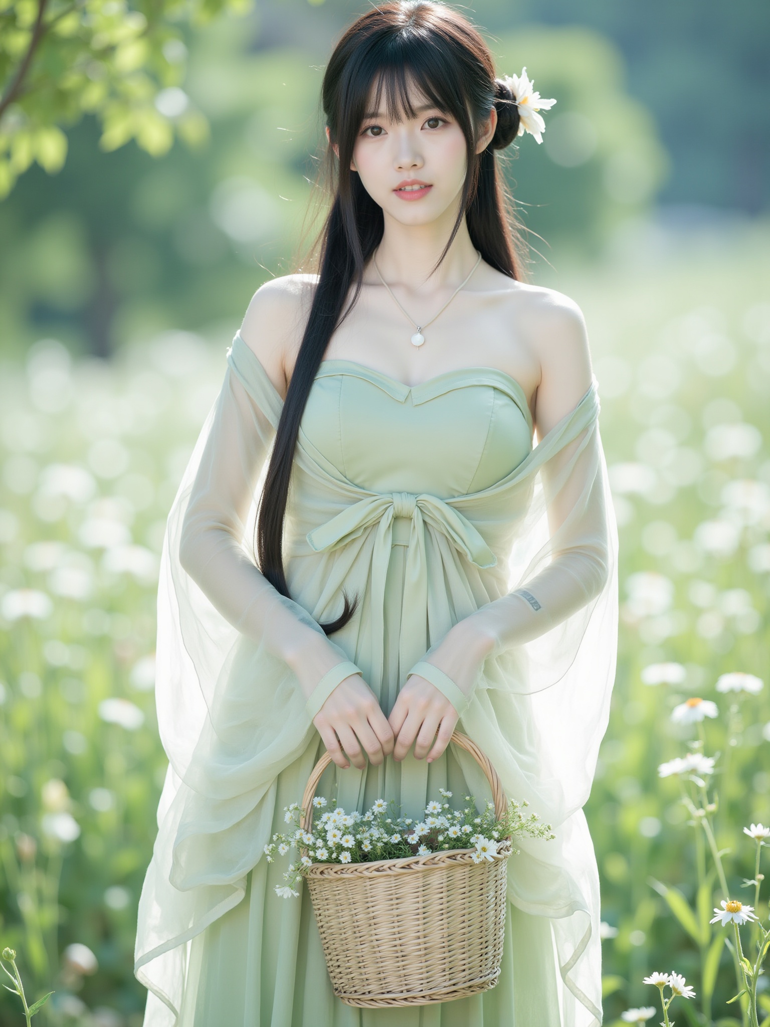 This is a photograph of a young woman standing in a lush, green field filled with wildflowers. She has a fair complexion and long, straight black hair, styled with a delicate flower accessory in her hair. Her attire is an elegant, traditional Chinese dress in shades of green and cream, with a flowing, sheer overgarment that billows in the wind. The dress has a strapless bodice and a flowing skirt. She holds a wicker basket filled with delicate white flowers in her right hand, which she holds close to her body. Her expression is serene and gentle, with a subtle smile. The background is a blurred mix of greenery, indicating a serene, natural setting. The lighting is soft and diffused, likely from the sun, casting a gentle glow over the scene. The overall mood is tranquil and romantic, emphasizing the beauty of nature and traditional Chinese attire. <lora:小红书顶流嫩妹脸模FLUX:1>