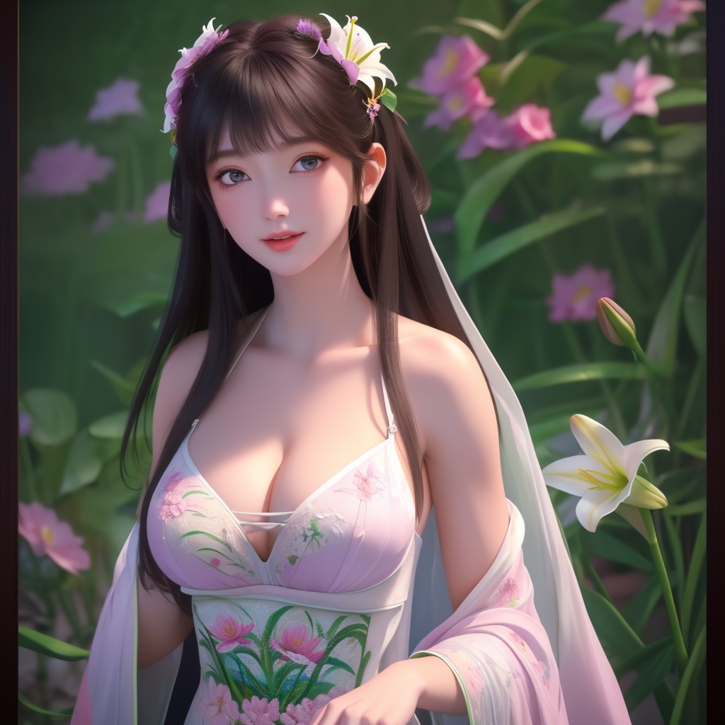 <lora:765-DA-金吾卫-刘小芷:0.8>, (,1girl, ,best quality, ),looking at viewer,  ,ultra detailed 8k cg,ultra detailed background,ultra realistic 8k cg,1girl, solo,(bare shoulders:0.85),(masterpiece, best quality),((oil painting style)),sexy young lady,(beautiful face and eyes),(upper body:1.5),(whole body:1.05),(single person:1.2),surrounded by flowers, (lily), roses, floret, vegetation, white, purple, purplish pink,Impressionism,colorful,(Breast size:1.3),(cleavage),,