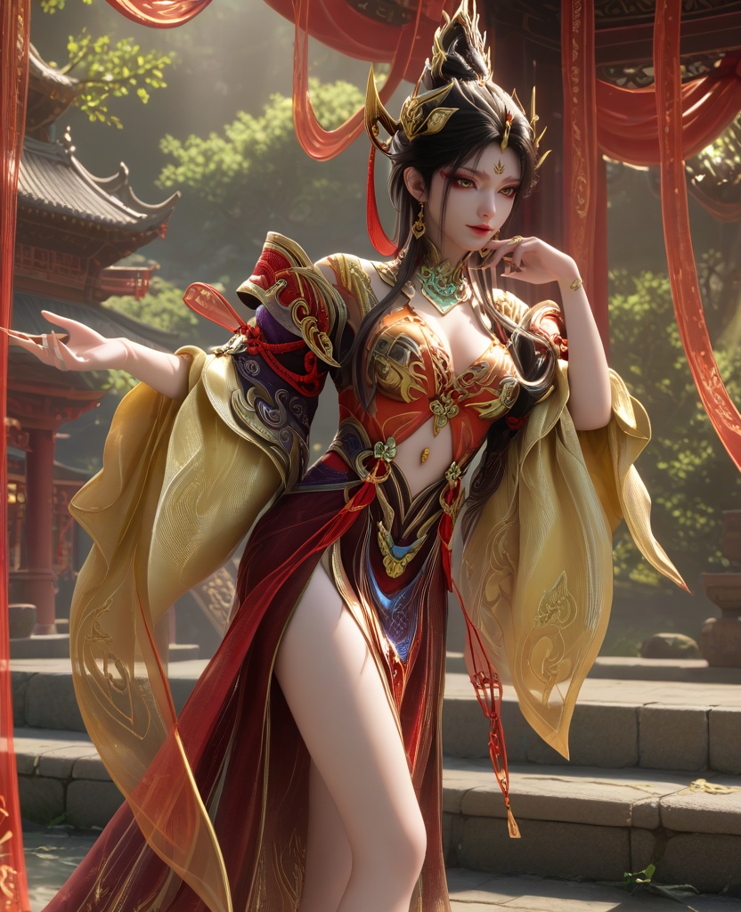 (oriental architecture, elegant decor, sophisticated style:1.1),(Balancing on a narrow ledge or wall, looking fearless and adventurous,:1.1),(breasts:1.2),<lora:永劫无间南宫锦五丰太岁:0.95>,miss nangongjin,orange red corset dress with plum,yellow eyes,eyeshadow,forehead mark,black hair,traditional chinese updo with long front strands,hair ornament,earrings,jewelry,claw ring,wide flowing sleeves,cleavage,high heels,, score_9,score_8_up,score_7_up,score_6_up,score_5_up,score_4_up,3d rendering,tag1,tag2, Cinematic Lighting,backlighting,