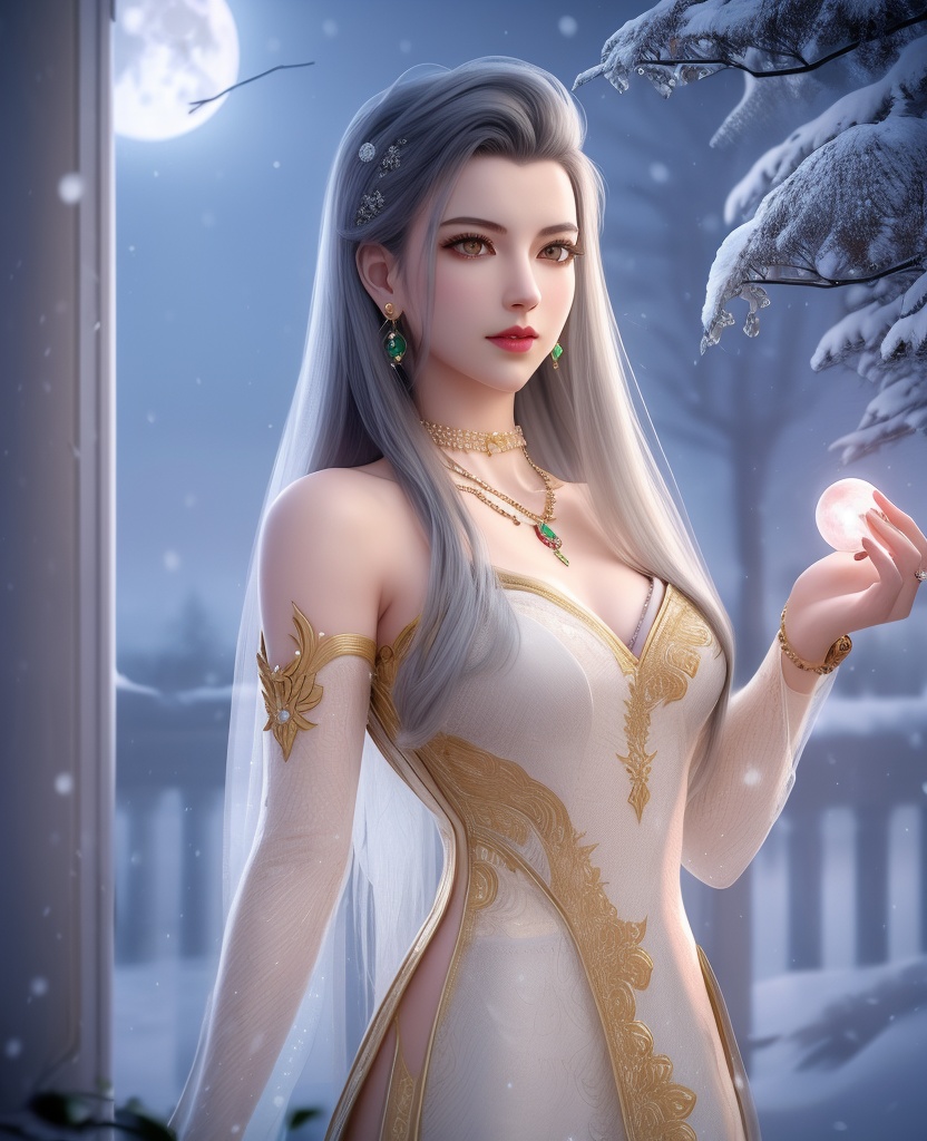 <lora:645-DA-超神学院-鹤熙:0.8>(,1girl, ,best quality, ),looking at viewer,  ultra realistic 8k cg, picture-perfect face,   clean, masterpiece,     cinematic lighting, cinematic bloom, fantasy,  , unreal, science fiction, ((,1girl, pov,))(((,tree, 1girl, full moon,snowing,snow ,solo,     solo focus,  long_hair, looking_at_viewer,  )))  (rich:1.4,)     prestige, luxury, jewelry, diamond, gold, pearl, gem, sapphire, ruby, emerald, intricate detail, delicate pattern, charming, alluring, seductive, erotic, enchanting, hair ornament, necklace, earrings, bracelet, ,