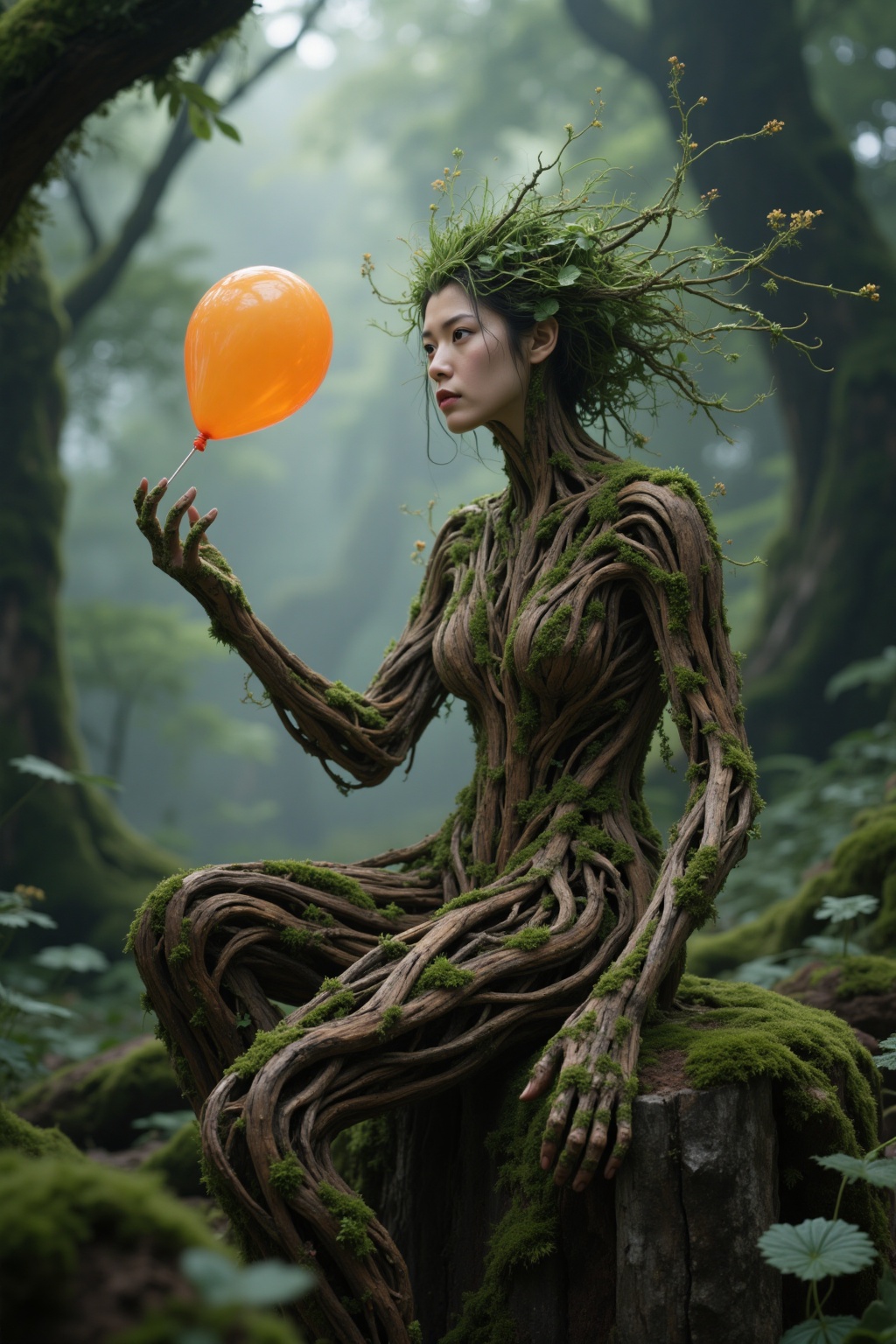 This is a surrealist photograph with dynamic visuals and cinematic quality.,A woman sits on a tree stump in the forest,entwined with vine growths,roots,and branches,holding a water balloon in her left hand,gazing intently at it.,