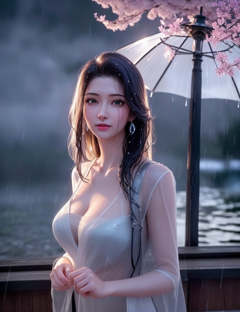 <lora:513-DA-穿越火线-云悠悠:0.8>(,1girl, ,best quality, ),looking at viewer, ,ultra detailed 8k cg, ultra detailed background,  ultra realistic 8k cg,          cinematic lighting, cinematic bloom, (( , )),,  , unreal, science fiction,  luxury, jewelry, diamond, pearl, gem, sapphire, ruby, emerald, intricate detail, delicate pattern, charming, alluring, seductive, erotic, enchanting, hair ornament, necklace, earrings, bracelet, armlet,halo,masterpiece, (( , )),,  ,cherry blossoms,(((, night,night sky,,  ultra high res, (photorealistic:1.4), raw photo, 1girl, , rain, sweat, ,wet, )))(( , ))   (cleavage), (),
