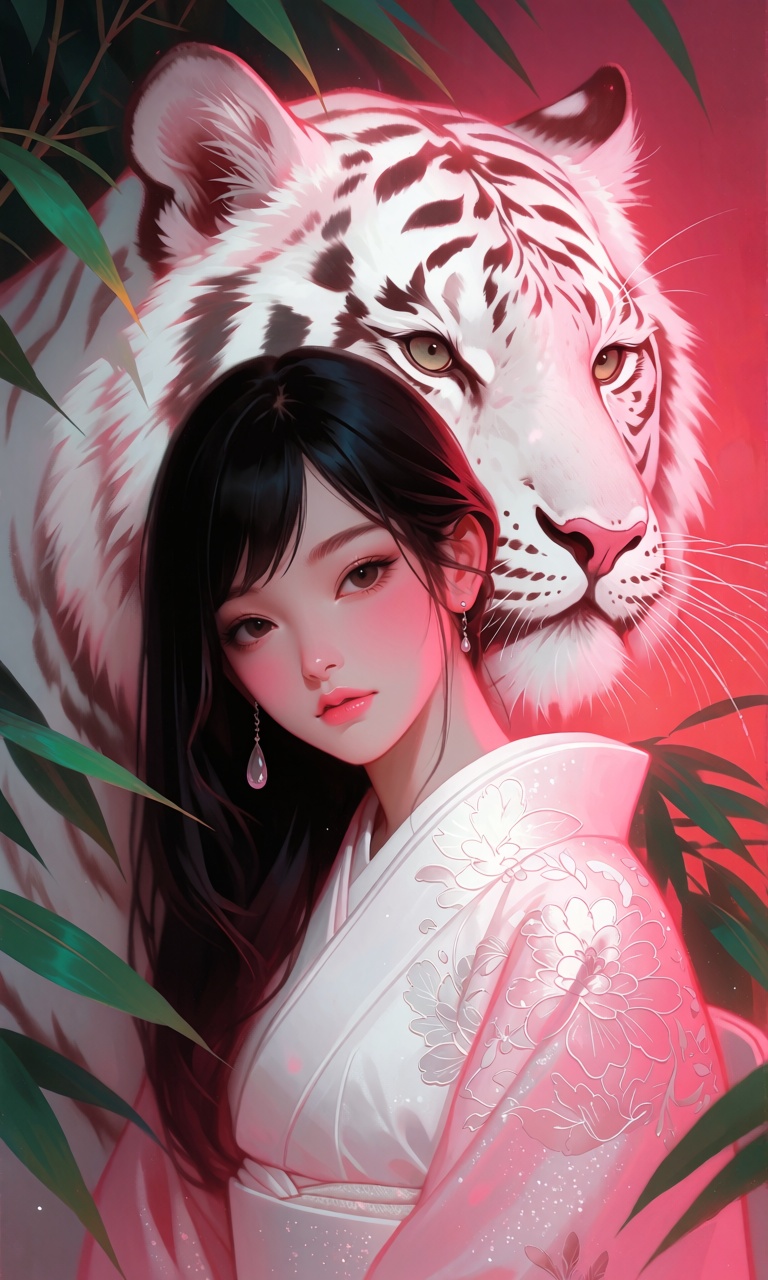 Softly luminous digital painting of a serene young woman leaning against a large white tiger in a peaceful portrait pose....