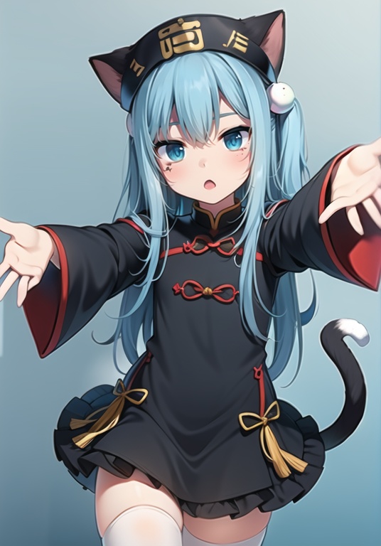 (best quality), ((masterpiece)), (highres), illustration, original, extremely detailed wallpaper.  <lora:cutegirl-000008:0.7>1girl, solo, black dress, dress, long sleeves, outstretched arms, animal ears, long hair, cat tail, hat, ofuda, tail, cat ears, bangs, blue eyes, zombie pose, looking at viewer, thighhighs, wide sleeves, black headwear, one side up, blue hair, hair between eyes, animal hat, cat girl, white thighhighs, jiangshi, facial mark, fake animal ears, fang, :o, cat hat, very long hair, hair ornament, qing guanmao, frilled dress, blush, parted lips, blue background, frills, chestnut mouth