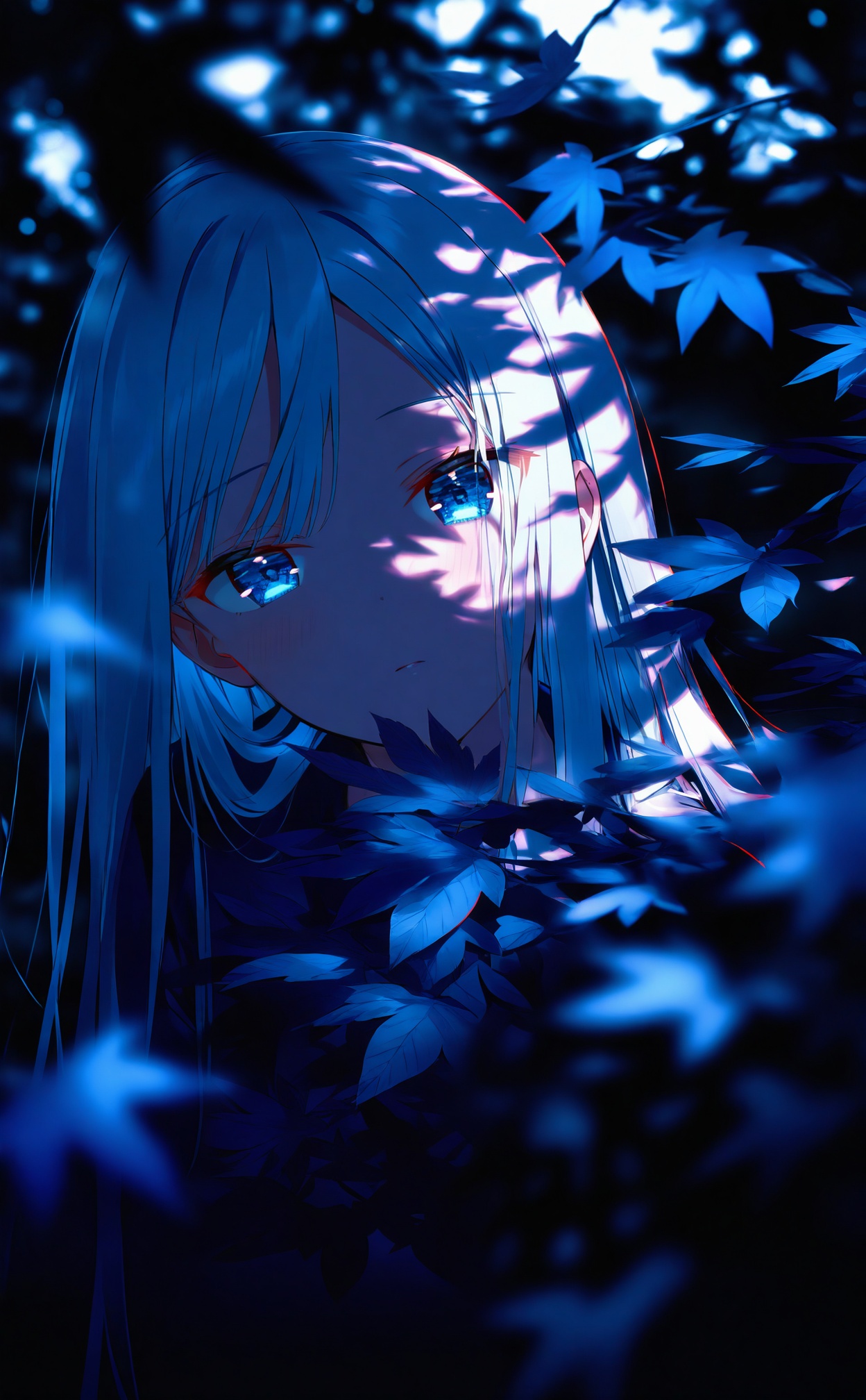 masterpiece,absurdres,best quality,loli,petite,high quality,chromatic_aberration,dark,black theme,//,1girl, solo, blue_eyes, long_hair, leaf, looking_at_viewer, blurry, blurry_foreground, maple_leaf, white_hair, head_tilt, autumn_leaves, closed_mouth, blurry_background, depth_of_field, yoisaki_kanade, upper_body, expressionless, dappled_sunlight, leaning_to_the_side, blush, portrait, parted_lips, sidelocks, shade, shadow, outdoors, falling_leaves//,<lora:degrees_25——【CKXL】hans:1>,