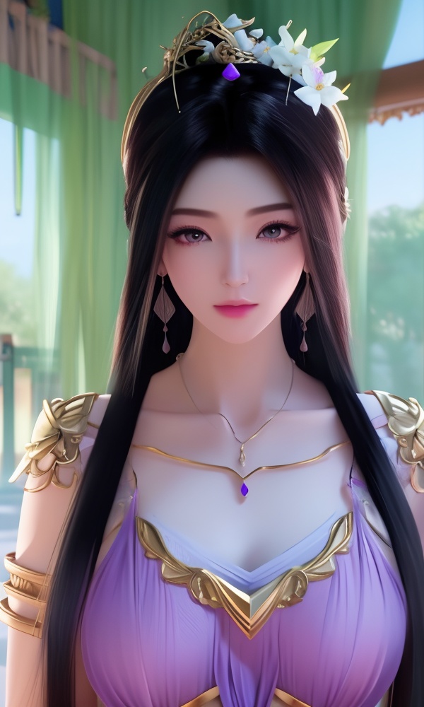 (,1girl, ,best quality, ),looking at viewer, <lora:395-DA-凡人修仙传-紫灵:0.8> ,ultra detailed background,ultra detailed background,ultra realistic 8k cg,, ,masterpiece, (( , )),, ,tamari \(flawless\),, hyper blossom,    (()), (), ,, , jewelry, necklace, solo, , , , hair_ornament, , earrings,large breasts,,  , ,