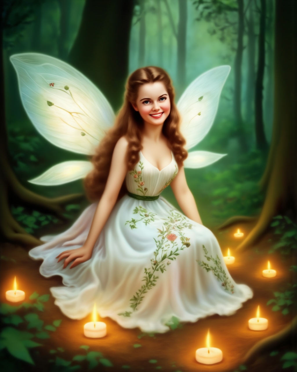 A portrait of a young woman with fairy wings,  seated in a forest. She wears a flowing white dress with intricate floral p...