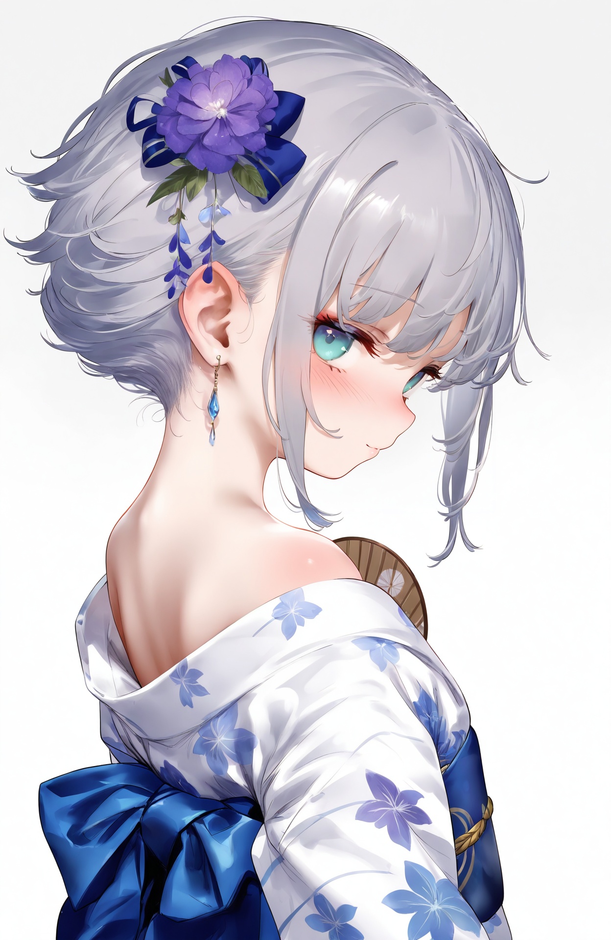 masterpiece,absurdres,best quality,petite,high quality,//,loli,1girl,solo,japanese clothes,kimono,looking at viewer,earrings,ribbon,grey hair,bow,flower,looking back,hair ribbon,jewelry,upper body,white kimono,hair flower,hair ornament,floral print,back bow,blue eyes,white background,sash,obi,blue bow,closed mouth,print kimono,blue ribbon,from behind,yukata,hand fan,gradient background,grey background,simple background,smile,sidelocks,aqua eyes,short hair,blush,purple flower,nape,bare shoulders,backless outfit,//,<lora:nai4zhengliu——【CKXL】hans:1>,
