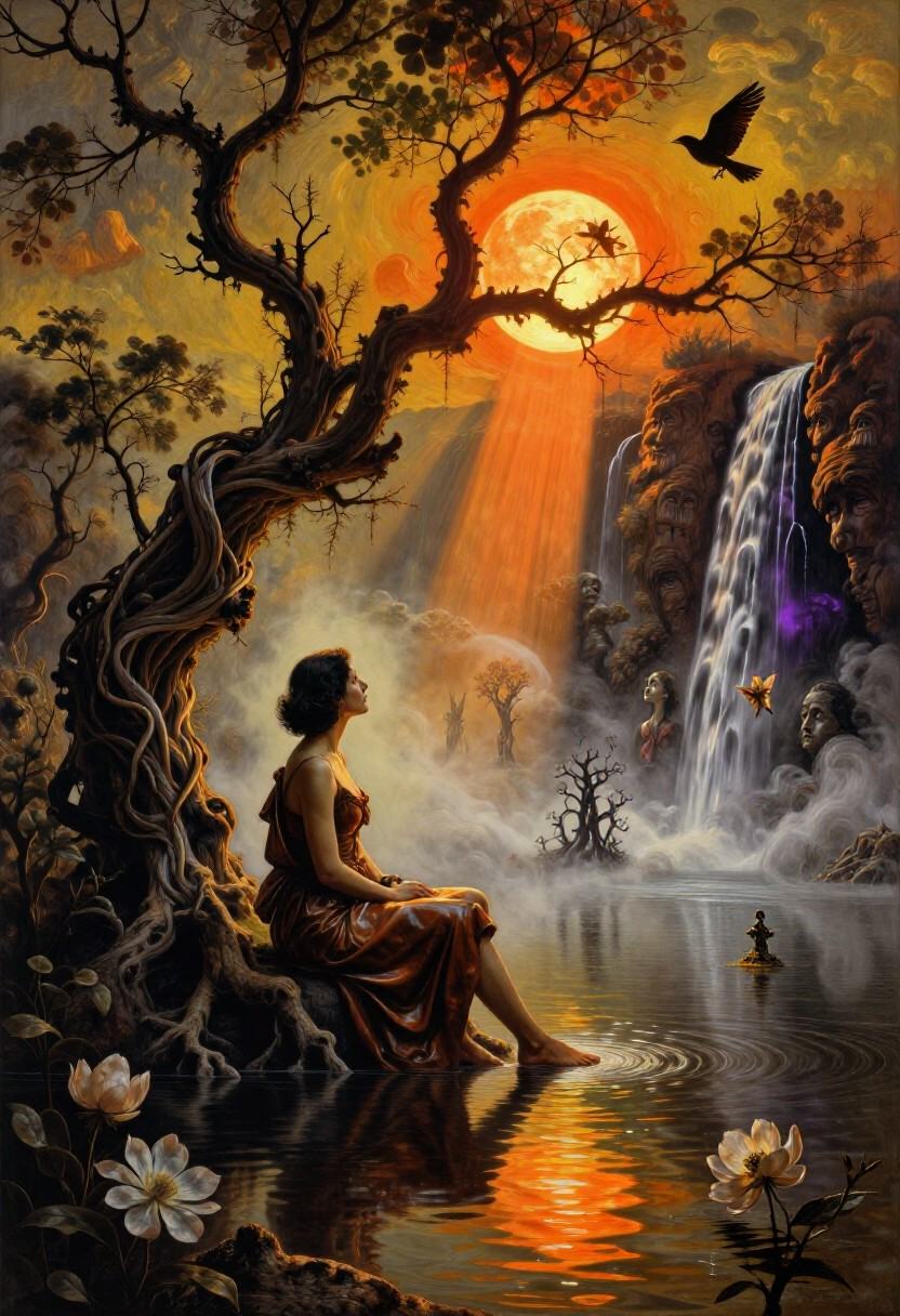 A dark-haired woman in a leather-tunic-loosely-fitted sits with her feet in a body of water,  gazing at a vibrant orange s...