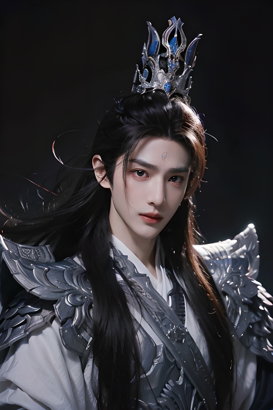 solo, 1boy, male focus, black hair, armor, long hair, realistic, crown, looking at viewer, signature, lips, weapon, closed mouth, upper body, <lora:古风男2.0:0.8>