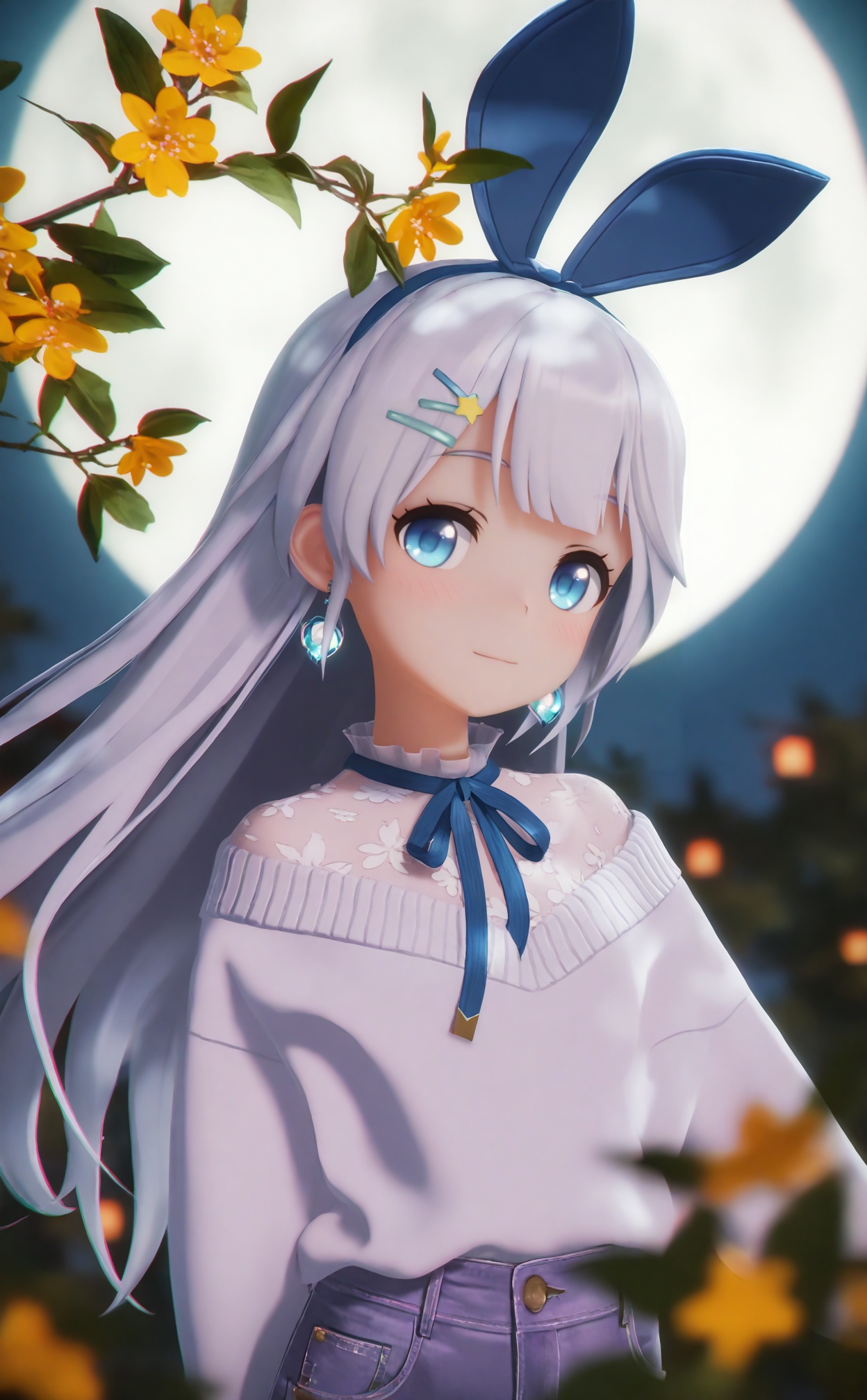 masterpiece,absurdres,best quality,loli,petite,high quality,chromatic_aberration,//,1girl, solo, long hair, looking at viewer, osmanthus, smile, blush, dappled moonlight, full moon, silver hair, earrings, blurry foreground, outdoors, upper body, blue eyes, jewelry, moonlight, sweater, blurry background, branch, autumn (season), shirt, off shoulder, purple white shirt, grey sweater, blurry foreground, flower, long sleeves, yellow flower, falling flower, mid-autumn festival, gold osmanthus, after rain, wind, wind lift, jeans, oversized_clothes, osmanthus tree, petite, hair ornament, ribbon, fake animal ears, hair ribbon, hairband, hairclip, star \(symbol\), neck ribbon, blue ribbon, star hair ornament, blue hairband, rabbit ears, blue ears,//,<lora:MMDguangwuran7——【noob】hans:0.9>,