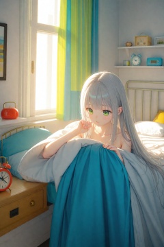 (masterpiece),(best quality),illustration,ultra detailed,hdr,Depth of field,(colorful),loli,1girl,clock,solo,alarm clock,under covers,green eyes,bed,long hair,pillow,indoors,sunlight,curtains,pajamas,grey hair,blanket,window,collarbone,bangs,