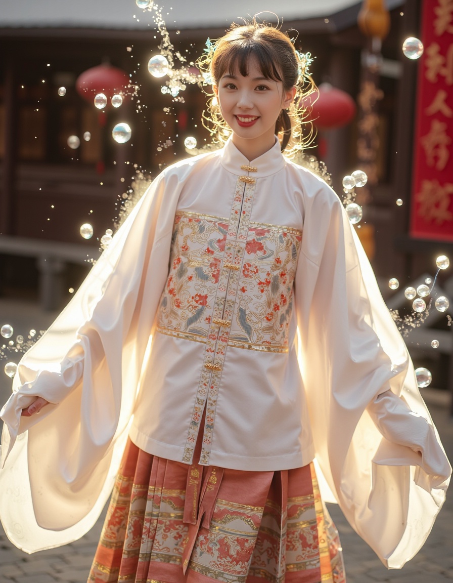 front photo,  photography of a mysterious girl with bubbles aura,  she wearing in ming style hanfu on Tensor.Art