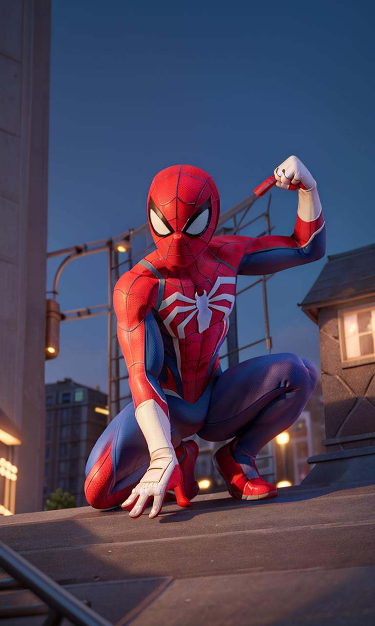 spideyadv2,  man crouching on rooftop gargoyle,  muscular on Tensor.Art