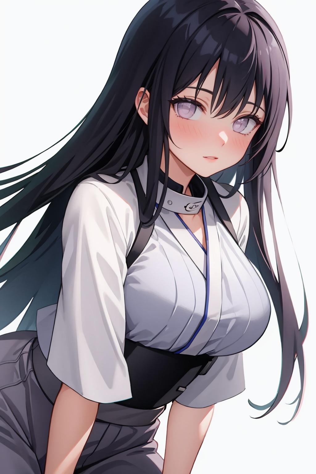 masterpiece,best quality, highly detailed, hyuuga hinata,1girl,solo,large breasts,looking at viewer,blush<lora:hyuuga_hinata:1>,simple background,white background