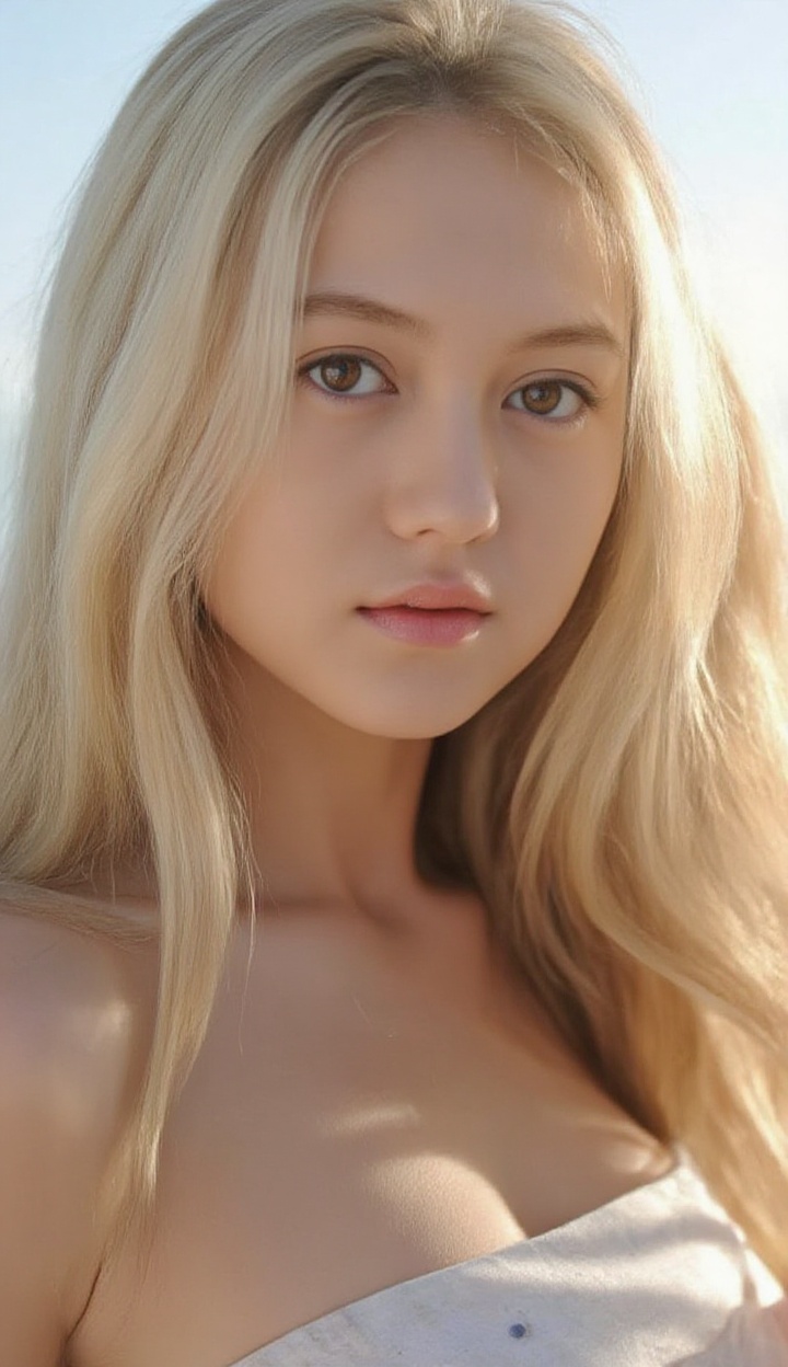 1girl,solo,long hair,realistic,blonde hair,looking at viewer,parted lips,lips,upper body,brown eyes,simple background,bare shoulders,breasts,nose,**** top,wavy hair,photorealistic,1,background is sky,close-up details,outstanding style,adding a touch of dimension to your images without compromising details,close-up,
