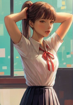 (best quality), ((masterpiece)), (highres), illustration, original, extremely detailed, <lora:少女梦绘卷:0.7>1girl, solo, shirt, skirt, white shirt, looking at viewer, neck ribbon, ribbon, collared shirt, short sleeves, pleated skirt, brown hair, hair tie in mouth, red ribbon, bangs, mouth hold, hair tie, tying hair, long hair, arms up, ponytail, school uniform, shirt tucked in, black skirt, brown eyes, upper body, parted lips, adjusting hair