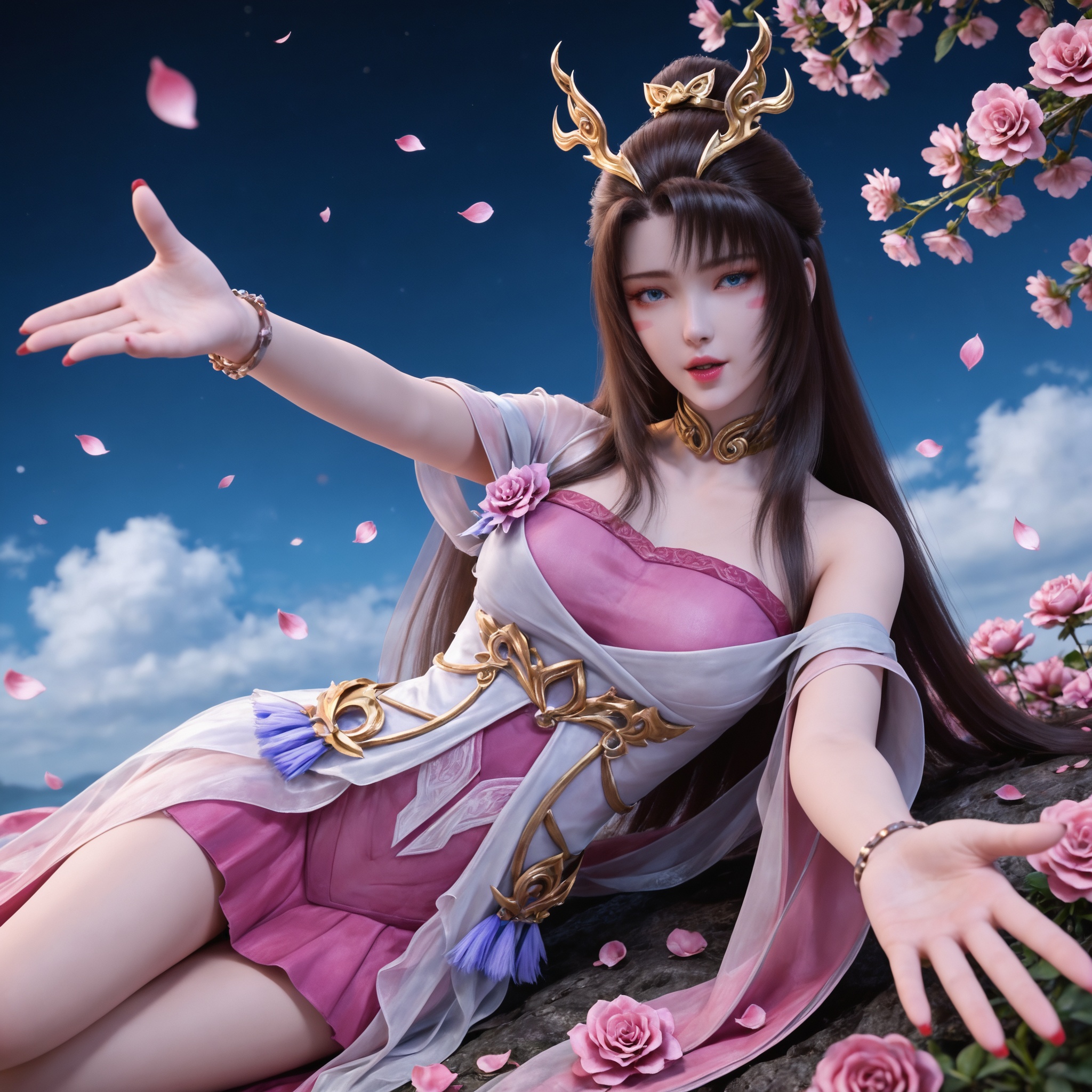 1girl,solo,lying,flower,,looking at viewer,rose,red nails,parted lips,red rose,nail polish,see-through,outstretched arm,outstretched hand,breasts,reaching towards viewer, <lora:完美世界-魔女天狐Pony:0.7> 1girl, long hair, hair ornament, brown hair, facial mark, blue eyes, pink dress, bracelet, sandals, hair bun, masterpiece,best quality,amazing quality,very aesthetic,high resolution,ultra-detailed,absurdres,scenery,photorealistic,looking at viewer,moody lighting,peach blossom,falling petals,realistic,photorealistic details,