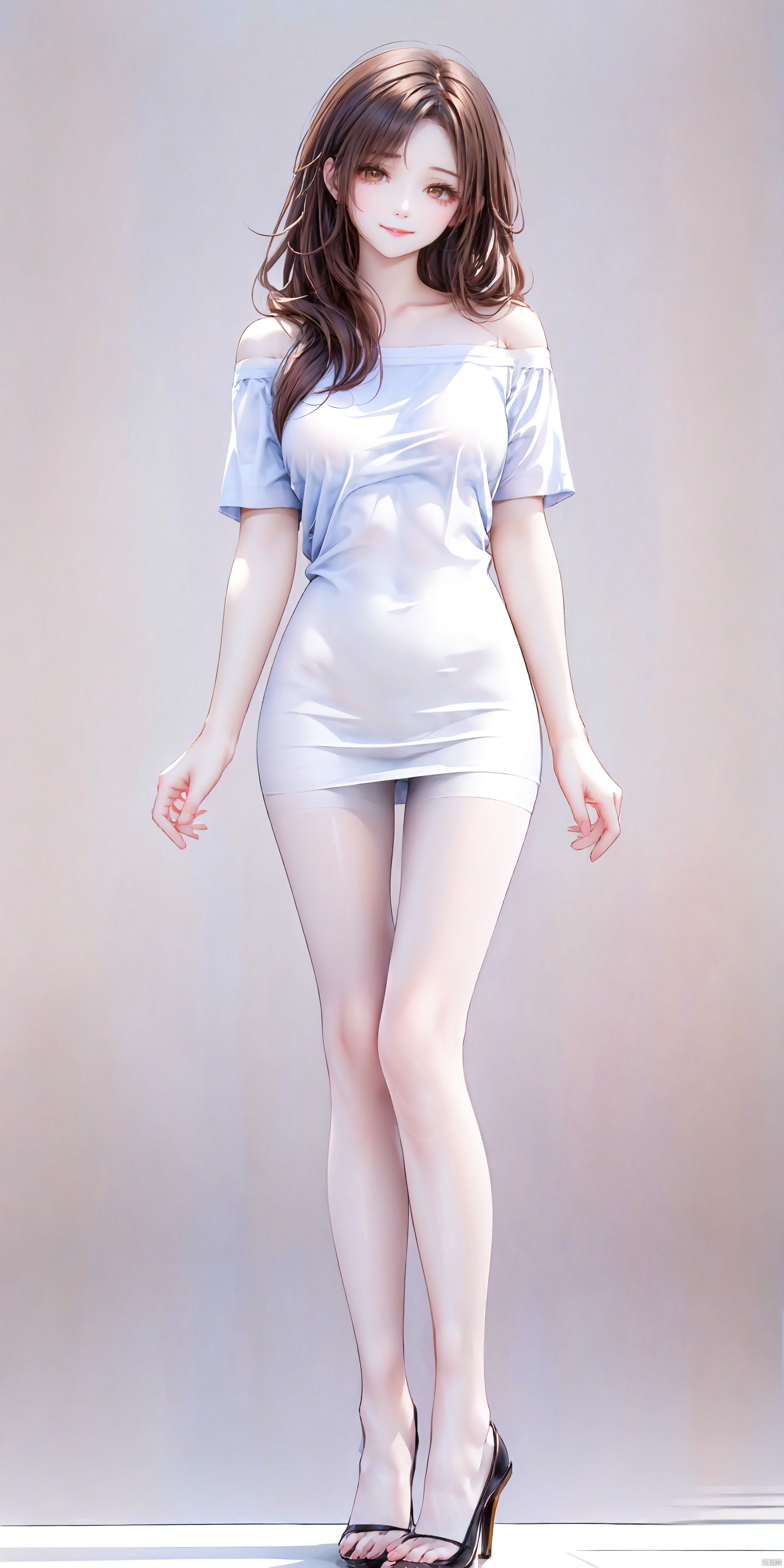 ——1girl, solo, long hair, looking at viewer, smile, brown hair, shirt, dress, brown eyes, closed mouth, standing, full body, white shirt, short sleeves, pantyhose, off shoulder, black footwear, high heels, lips, gradient, gradient background, blue background, realistic, arms at sides, off-shoulder shirt,——Urban landscape,Street View,Day, Eye Day,——Medium breast,Beautiful Legs——(Dynamic Posture: 1.5),Dance,——shuijingxie,smile——Telephoto lens——1girl, ((poakl))——, 1girl<lora:EMS-267958-EMS:0.800000>, <lora:EMS-344801-EMS:0.800000>, <lora:EMS-93-EMS:0.800000>, <lora:EMS-27162-EMS:0.300000>, <lora:EMS-254762-EMS:0.500000>