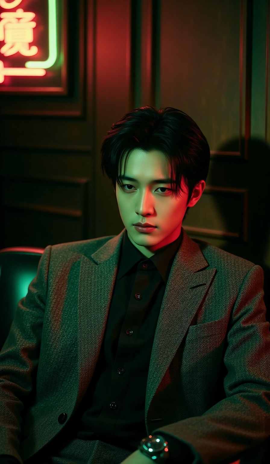 Hong Kong style,beauty,This is a highly stylized,color photograph featuring a young East Asian man with a serious,contemplative expression. He is seated in a modern,darkly lit room with a minimalist aesthetic. The man has short,slicked-back black hair and a clean-shaven face. He is wearing a tailored,grey tweed blazer over a black shirt,accessorized with a black tie and a silver wristwatch on his left wrist. The blazer has a subtle texture,suggesting high-quality fabric.,The background features a sleek,dark wooden paneling with a vertical orientation,creating a sense of depth and structure. A neon sign with red and green lights is visible in the upper left corner,adding a vibrant,modern touch to the otherwise muted environment. The lighting is dim,casting a warm,ambient glow that highlights the man's features and the textures of his clothing. The overall color palette is dominated by dark shades of green,black,and red,creating a moody and intense atmosphere. The image is framed tightly,focusing on the man's face and upper body,with minimal distractions in the background. The composition and lighting emphasize the man's sophisticated and enigmatic presence.,