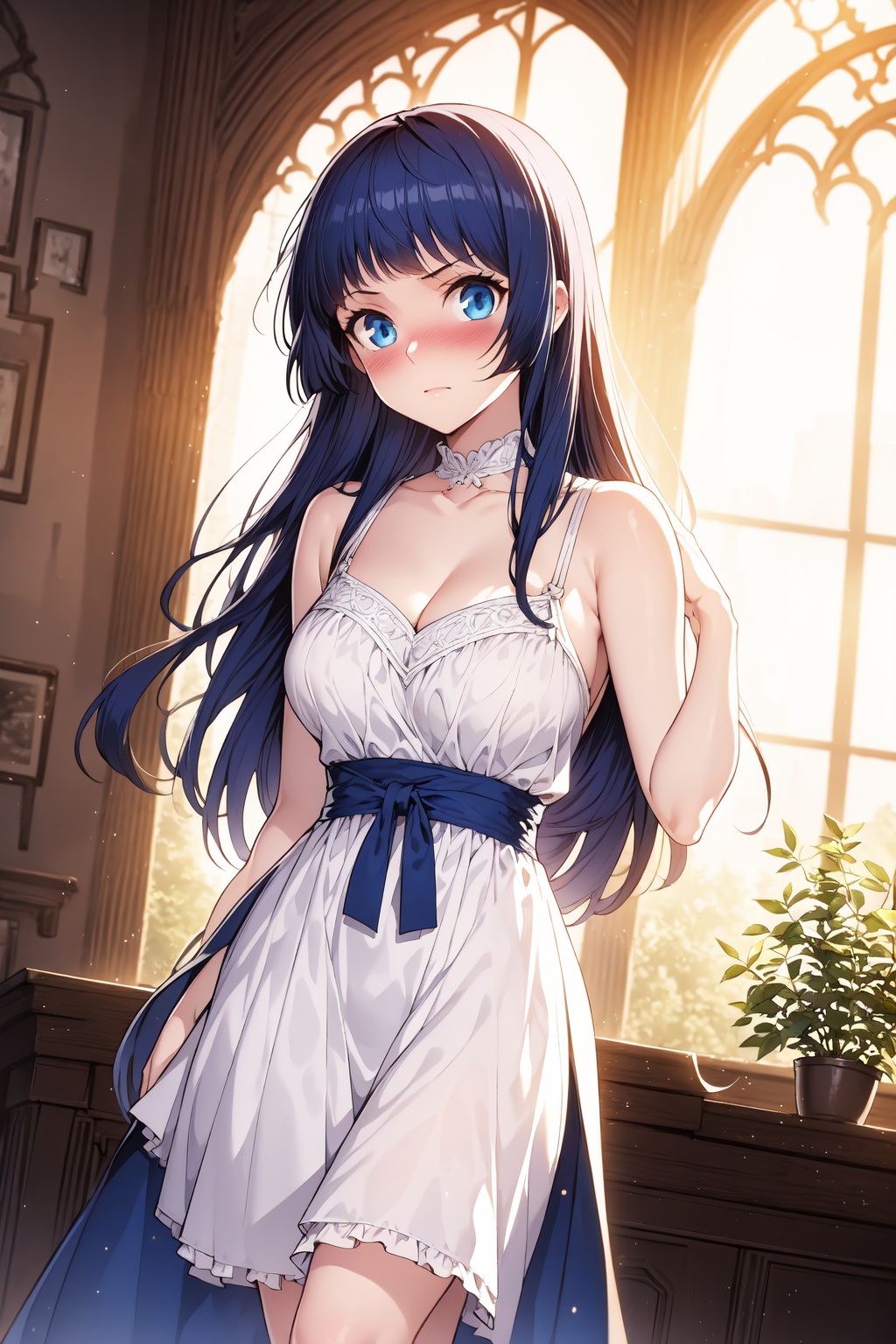 <lora:01熏儿漫画第一版:1>,1girl,breasts,solo,long hair,blue eyes,dress,looking at viewer,cleavage,large breasts,white dress,bangs,window,bare shoulders,collarbone,indoors,sleeveless,plant,closed mouth,frills,black hair,sleeveless dress,blue hair,bare arms,blunt bangs,frilled dress,blush,blue ribbon,cowboy shot,ribbon,backlighting,