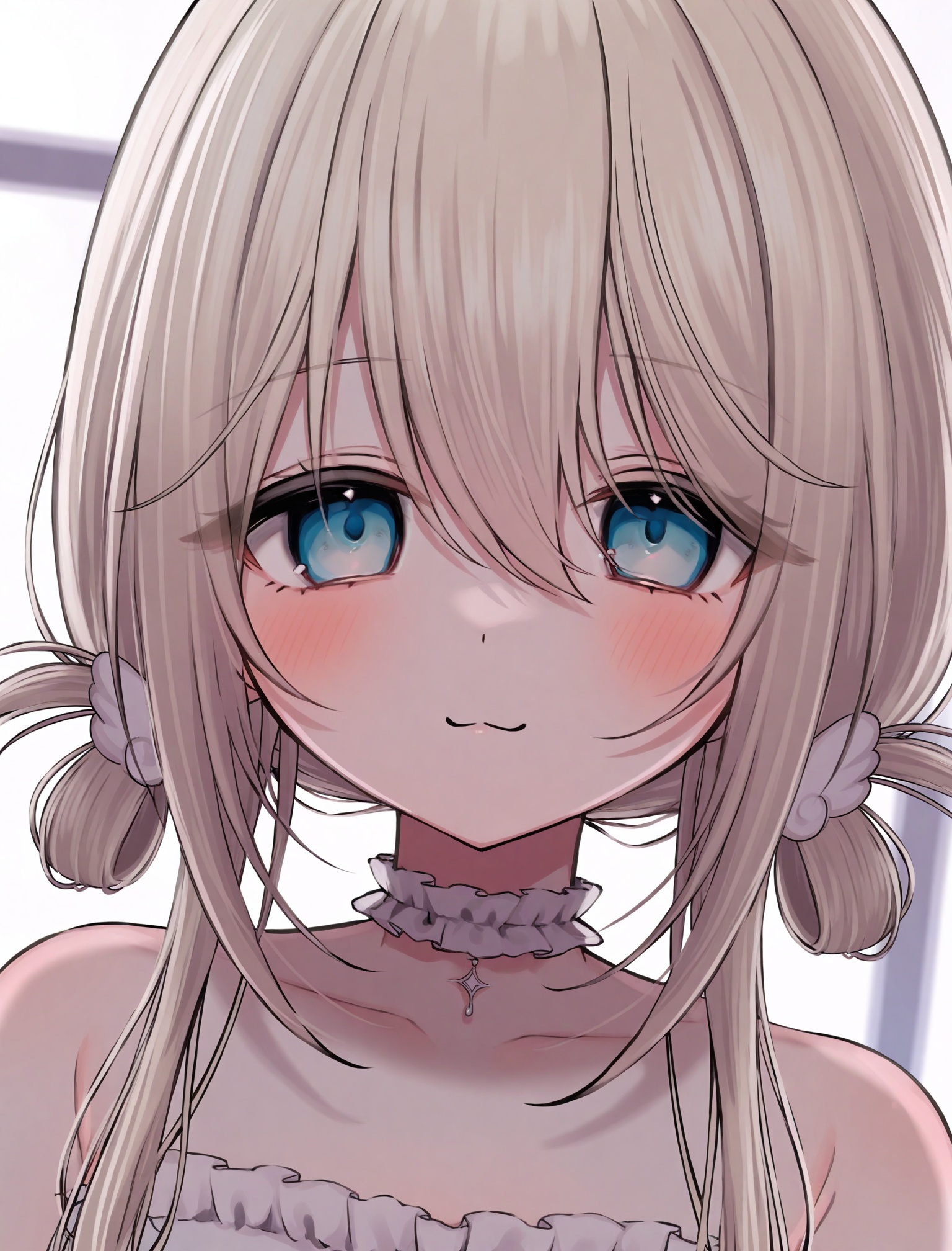 masterpiece,absurdres,best quality,loli,petite,high quality,chromatic_aberration,//,1girl, solo, portrait, looking_at_viewer, blush, :3, frilled_choker, blue_eyes, hair_between_eyes, sparkle, virtual_youtuber, choker, smile, dutch_angle, bare_shoulders, closed_mouth, blurry_background, white_choker, sidelocks, blonde_hair, hair_ornament, blurry, window, close-up, collarbone//,<lora:nuhutya——【noob】hans:1>,