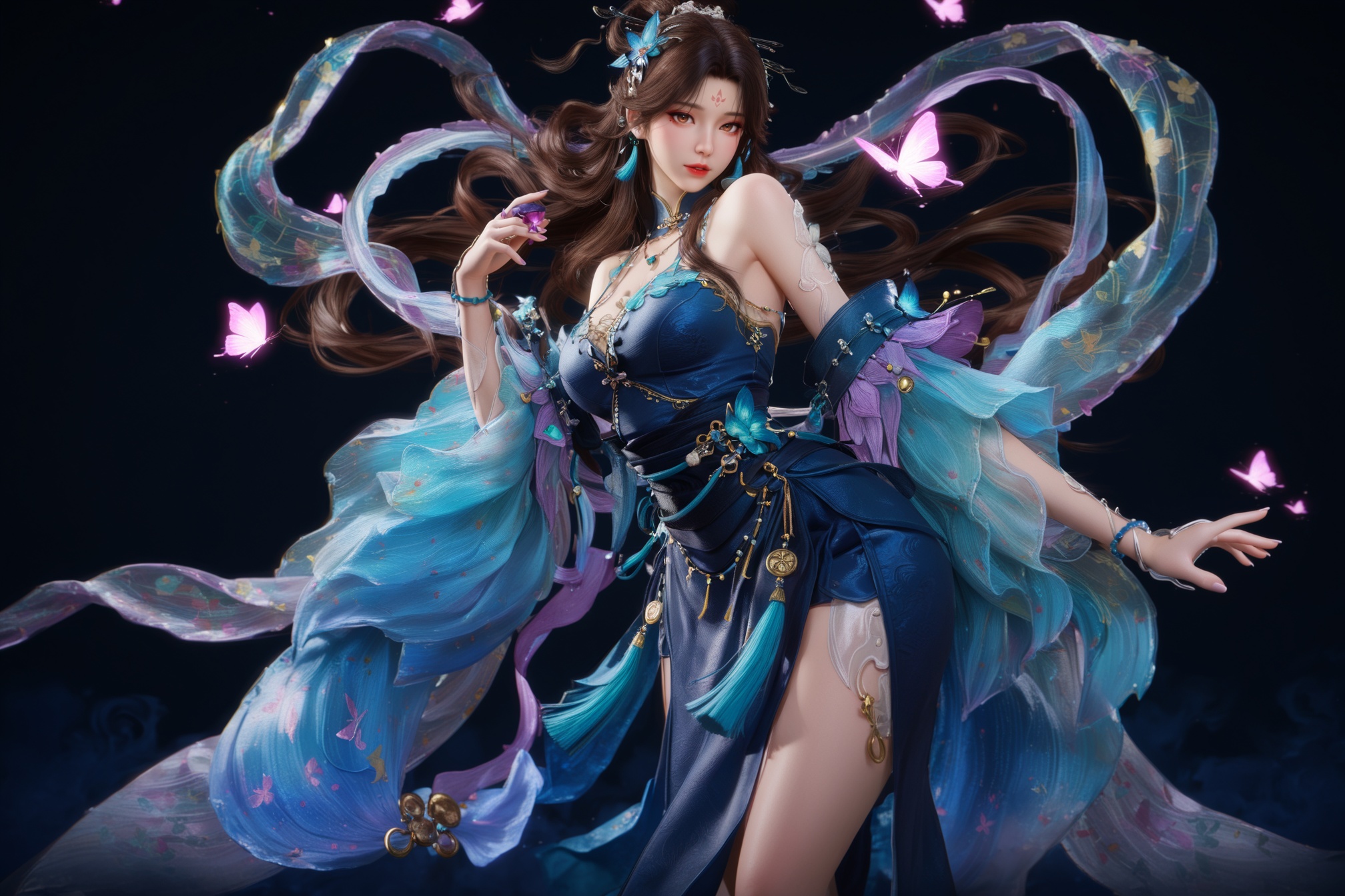1girl, solo, long_hair, breasts, looking_at_viewer, brown_hair, hair_ornament, dress, jewelry, bare_shoulders, necklace, sash, blue_dress, chinese_clothes, facial_mark, black_background, bug, tassel, butterfly, shawl, forehead_mark, dark_background, hagoromo, glowing_butterfly