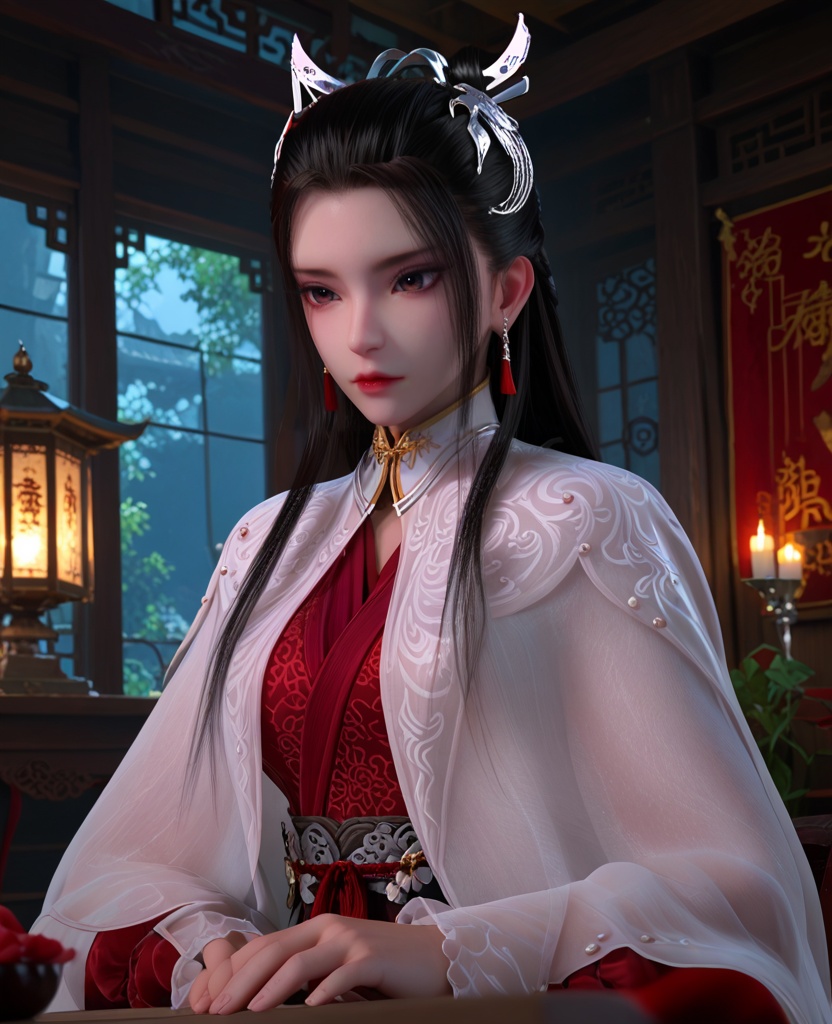(oriental architecture, elegant decor, sophisticated style:1.1),(looking away:1.1),(breasts:1.2),<lora:XL少年白马晏琉璃:0.95>,miss yanliuli,white cape with red dress underneath,brown eyes,hair ornament,earrings,black hair,hanging hair,long hair,sash,long sleeves,white cape,see-through silhouette,, score_9,score_8_up,score_7_up,score_6_up,score_5_up,score_4_up,3d rendering,tag1,tag2, Cinematic Lighting,backlighting,