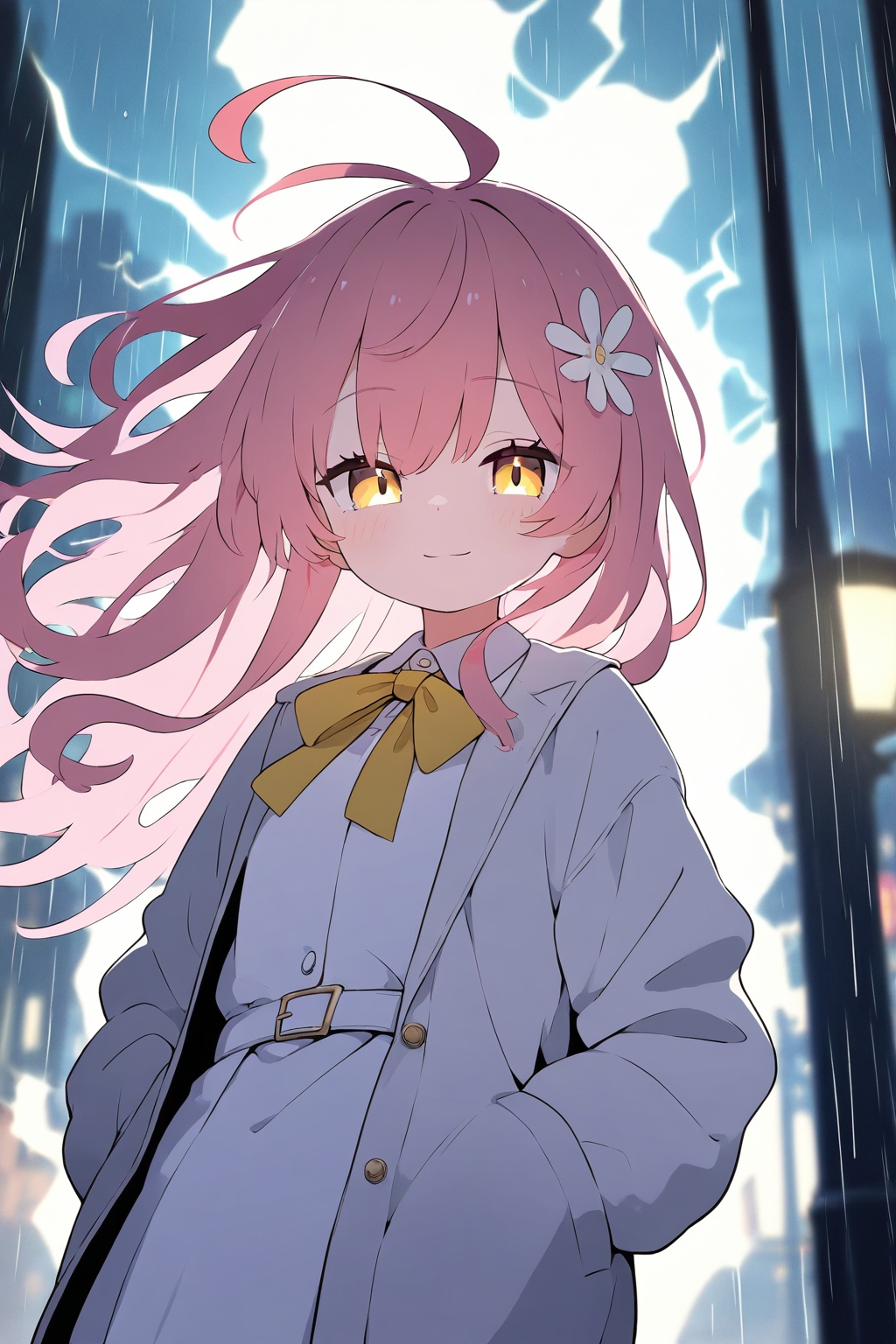 (masterpiece, best quality),1girl,solo,cuty face,Beautiful detailed eye,upper body,ray tracing,Reflected light,(very detailed light),(Beautiful Lighting),(best quality), ((masterpiece)), (highres),(loli),(petite:1.4),(white open jacket:1.4),rain,shiny clothes,white collared shirt,hair flower,fipped hair,floating hair,(blonde electricity:1.4),light smile,hands in pockets,white dress,yellow bowtie,(Yellow eyes:1.2),(Pink hair:1.2),(solo),hair flowing over, messy hair, aura,long hair, lamppost,white belt