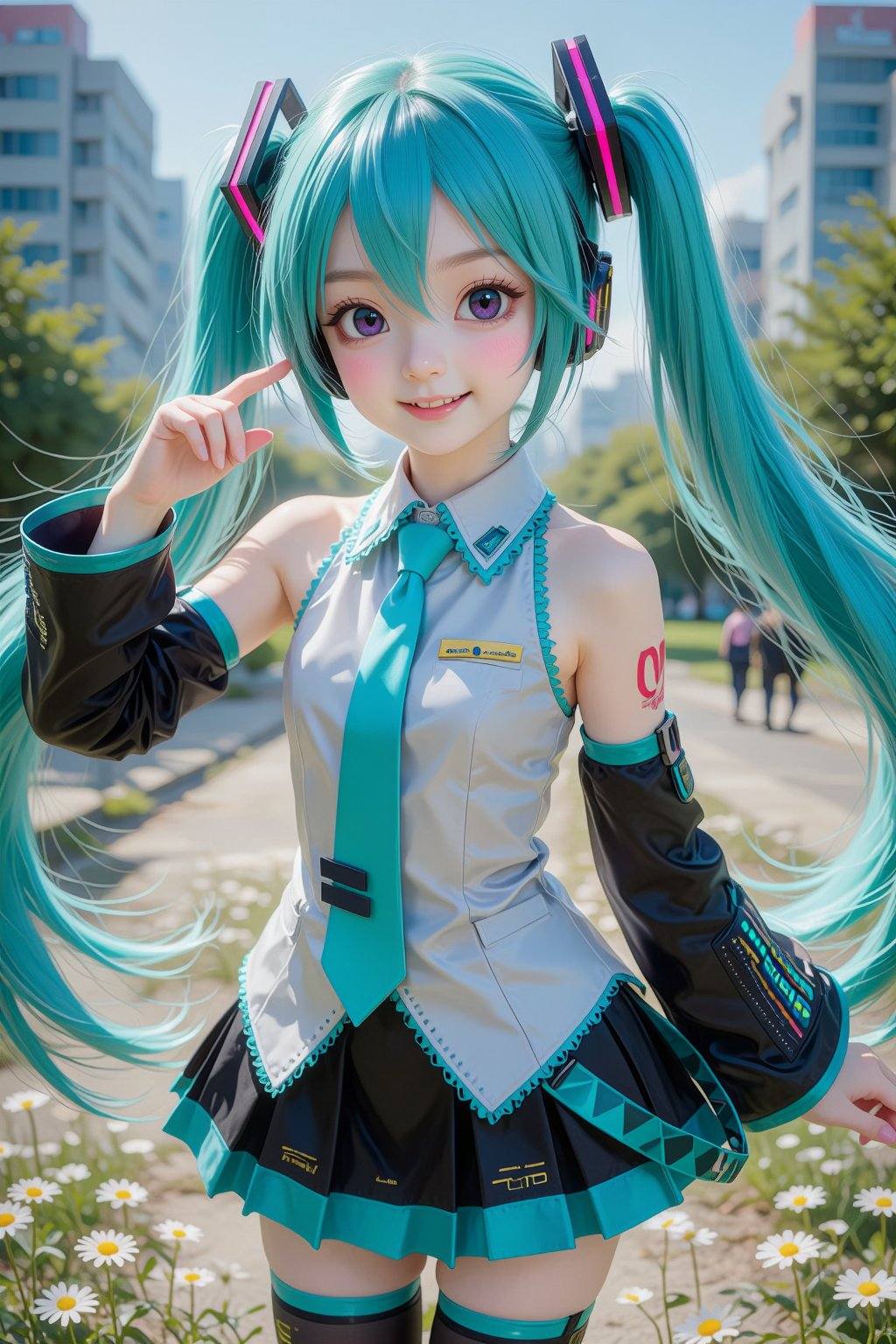 Ultra-detailed anime-style portrait of a cheerful young girl with long teal twin-tail hair tied with glossy magenta hair r...