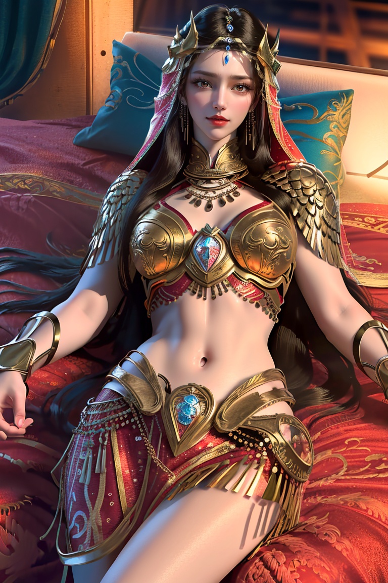 (8k, RAW photo, best quality, masterpiece:1.2),(realistic, photo-realistic:1.3), ultra-detailed, extremely detailed cg 8k wallpaper,(crystalstexture  skin:1.2), (extremely delicate and beautiful), (perfect hands, perfect anatomy:1.2),1girl, solo, long hair, black hair, brown hair, hair ornament, brown eyes, red lips, medium breasts, earrings, jewelry, veil, armor, midriff, navel, looking at viewer, (cowboy shot:1.3), (lying on back:1.2), bed shee,<lora:韩国娃娃koreandolllikenessV20_v20:0.4>  <lora:MuQianQian_v1.0-shishu:0.85>