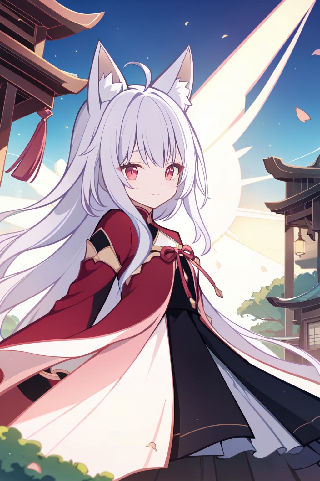 (((masterpiece))),(illustration:1.3),(((best quality))),amazing,detailed unity 8K CG wallpaper,ultra detailed,((1 14_years_old girl:1.1)),((fox girl)),(fox_ears),cowboy shot,long delicate_and_intricate white hair and white marble glowing skin,long hair,solo,beautiful pony_tail,beautiful glowing red eyes,delicate_and_intricate face,flowers on face,growth,nature,beautiful face,zoom in on eyes,standing,smile,(shy),(gorgeous [Gothic_Lolita:kimono:0.6] chiya),super detailed clothes,(extremely detailed background),torii,garden,stone brick road,fallen sakura_petals,pink_sakura_trees,spring,detailed sky and cloud,best lighting,sunburst,outline_shadow,incredibly_absurdres,<lora:liyueFP8-000002:0.8>,