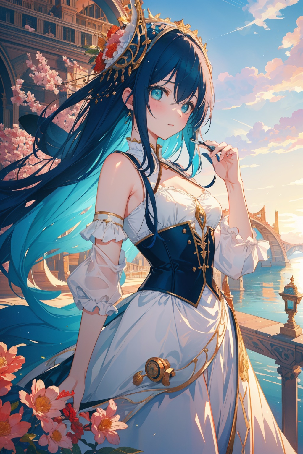 1girl, (stylized by Thomas Sully:0.7) and (Hsiao-Ron Cheng:0.8) and (Justin Gerard:1.1) and (Chris Bachalo:1.1) , epic Pastels artwork, Floral motives, medium shot of a [Monstrous|Scrumptious] Sprawling ("The construction of the Rialto Bridge":1.3) , complex Velvia background, Romanian trees and Planet in background, at Sunrise, in focus, Masterpiece, Relieving, Magewave, loop lighting, Depth of field 100mm, CMYK Colors, Liminal dream, Teal sky, "Through the lens of poetry, ordinary moments transform into extraordinary tales of the human experience.", extremely hyper aesthetic, masterpiece, fantastic, close-up, macabre