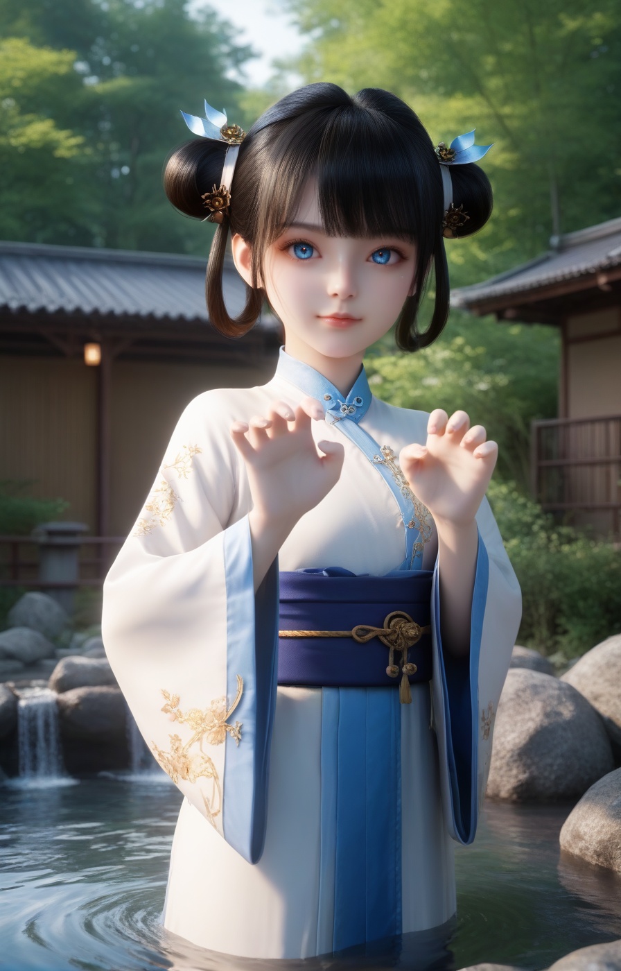score_9,score_8_up,score_7_up,source_anime,eye reflection,(beautiful_detailed_eyes:1.2),highly detailed,volumetric,dramatic lighting,oil,(shiny_skin:1.2),ultra detailed 8k cg,ultra detailed background,(full_shot:1.3),rating_explicit,3D,(realistic:1.5),perfect face,detailed face,sexy pose,supermodel,overall warm color,dol,innocence,mysterious,surreal,highly detailed,concept art,extremely detailed,amazing quality,ultra-high resolution,32K UHD,<lora:0653 Open-air hot spring_pony:0.8>,ruanyi0653,japanese tangchi,onsen,fence,rock,water,sharp focus,best-quality,with a high-end texture,golden hour,unconventional supreme masterpiece,masterful details,temperate atmosphere,high detailed  skin,(detailed skin:1.1),highly detailed,nice hands,Skindentation,skin depression,<lora:Add_more_details_V2_XLpony:0.6>,dramatic lighting,detailed face,<lora:qingxuan_zhouru_PONY-000005:0.7>,1girl,solo,chinese clothes,black hair,hair rings,hanfu,outdoors,looking at viewer,hair ornament,hair bun,black hair,double bun,hair rings,realistic,day,blue eyes,blue_dress,(cat_pose:1.3),