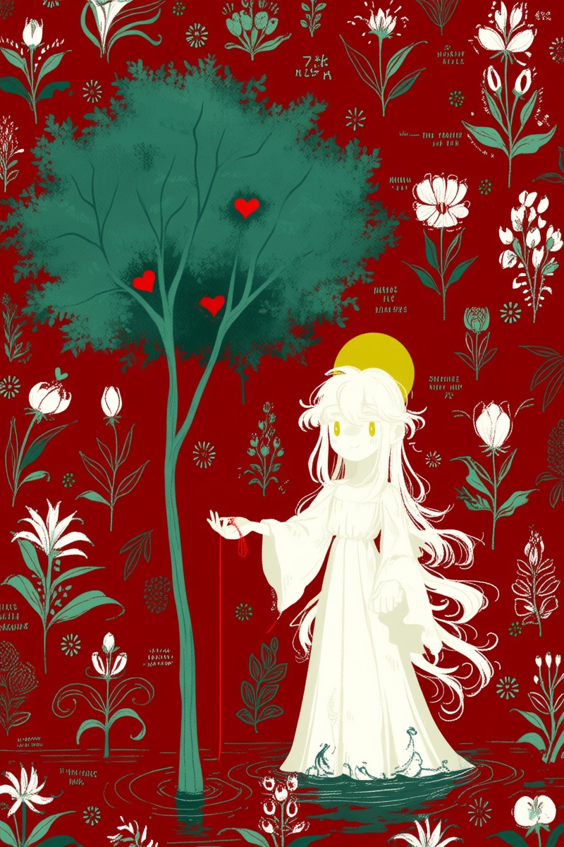 @jsslnst,  The image depicts a stylized figure standing beside a tree against a rich red background filled with floral pat...