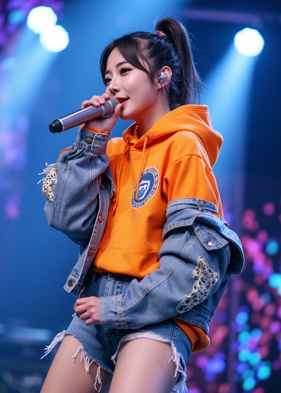 Charming and fashion-forward South Korean young woman performing on stage; wearing vibrant street style outfit(e.g., bright oversized hoodie or slim-fit denim jacket with unique patterns) paired with trendy underlayer,perhaps with a subtle crop top hint; she is singing into a sleek wireless ear microphone (earpiece clearly visiblebut integrated look), lips slightly parted in song, eyes sparkling and showing a playful, mischievous smile thathints at her personality; dynamic pose on the stage floor or small platform, surrounded by spotlights creatingdramatic highlights and shadows; background focuses on an abstract stage design with glowing elements or vibrantcolorful lights; overall aesthetic is modern K-Pop idol style meets street fashion, conveying confidence, energy,and a fun vibe through detailed illustration.