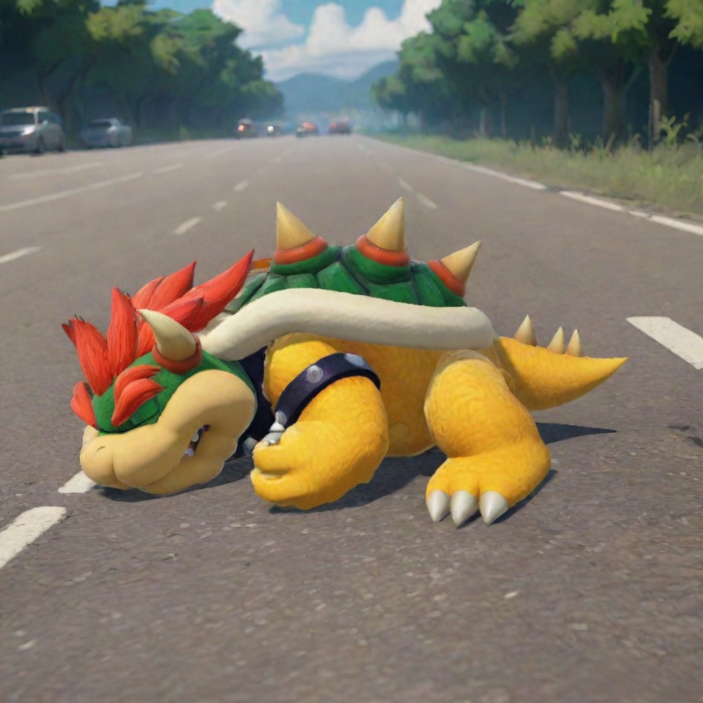 Bowser sleeping on the road,  in the wild,  lying on the ground on Tensor.Art