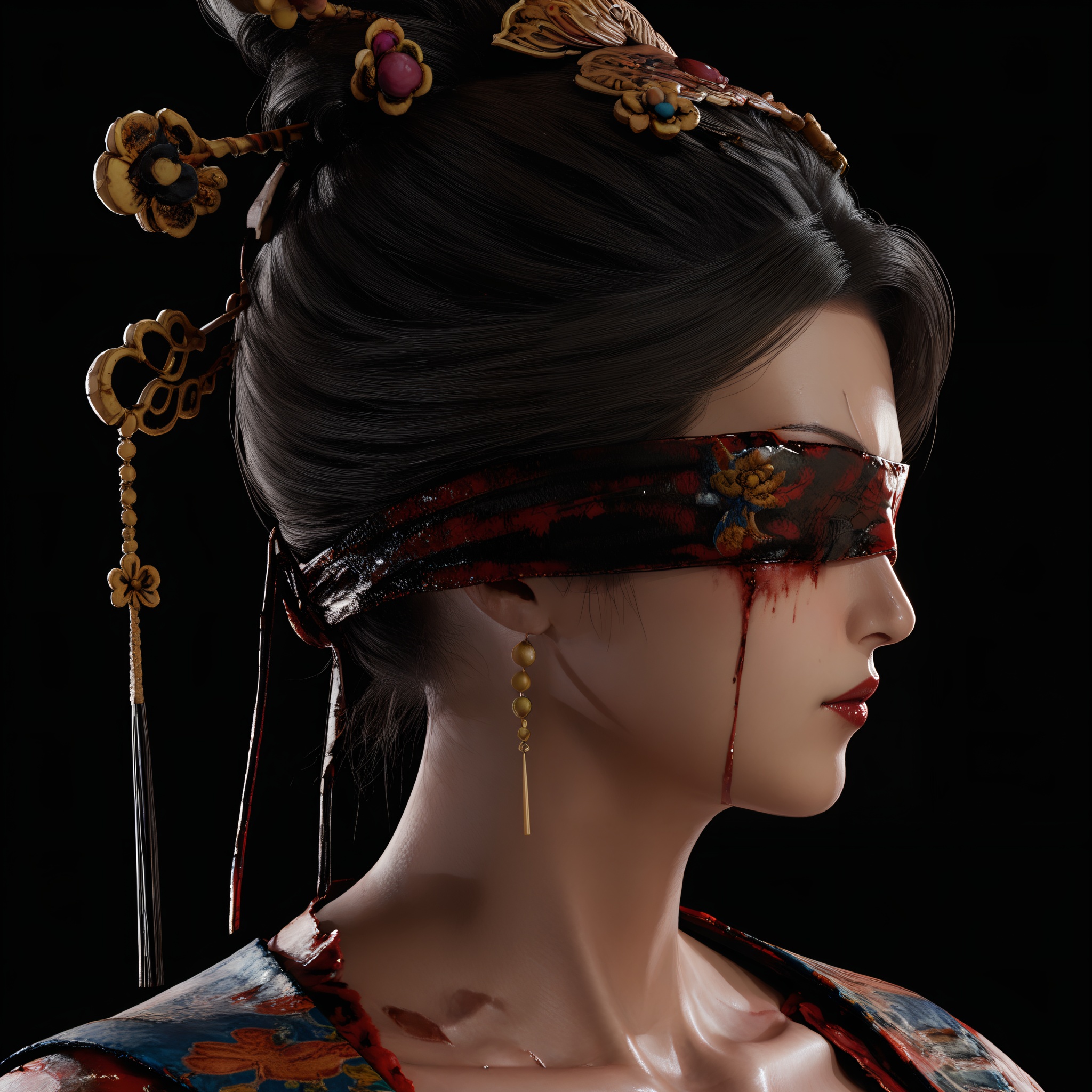 (score_9),front view,upper body,profile, (glamor:1.2),(mature_female),collarbone,blindfold,solo,<lora:明末完美新娘-apony:0.85>,monster girl,hair ornament,updo,kanzashi,blood,tassel hair ornament,earrings,black hair,BREAK(dark_skin),light_skin,(Cinematic Lighting:1.1),simple background,black background,