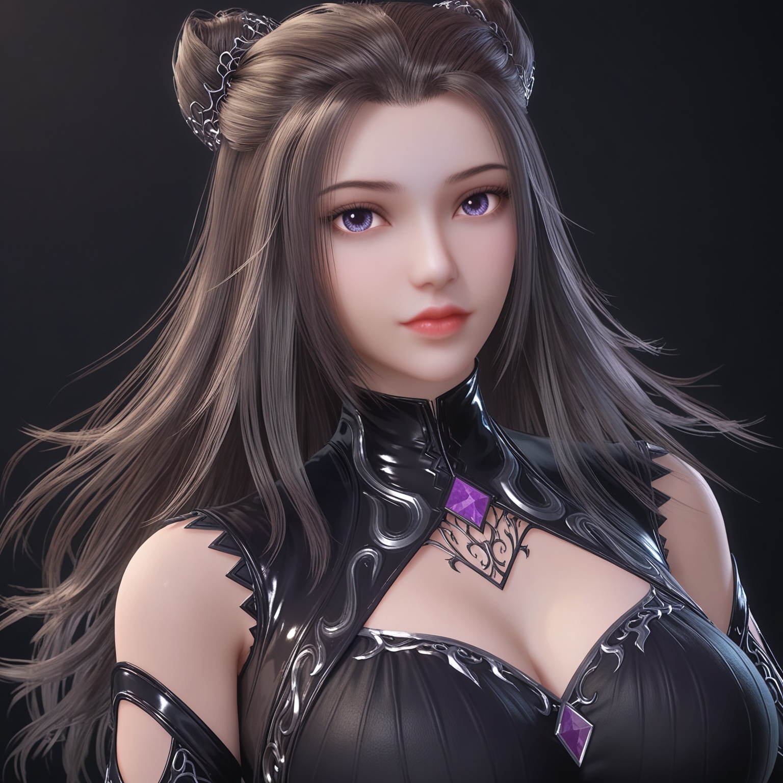 1girl,solo,<lora:ponyzhuzhuqingV2:0.8>,long_hair,hair_bun,black_hair,detached_sleeves,clothing_cutout,cleavage_cutout,purple_eyes,brown_hair,elbow_gloves,jewelry,bodysuit,(black leather pants:1.1),hair_ornament,high_heels,black_footwear,black_dress,BREAK score_9,upper_body,portrait,shiny_skin,looking at viewer,cinematic lighting,volumetric lighting,solo focus,(huge breasts:0.9),(simple background,pure black background,black background:1.1),