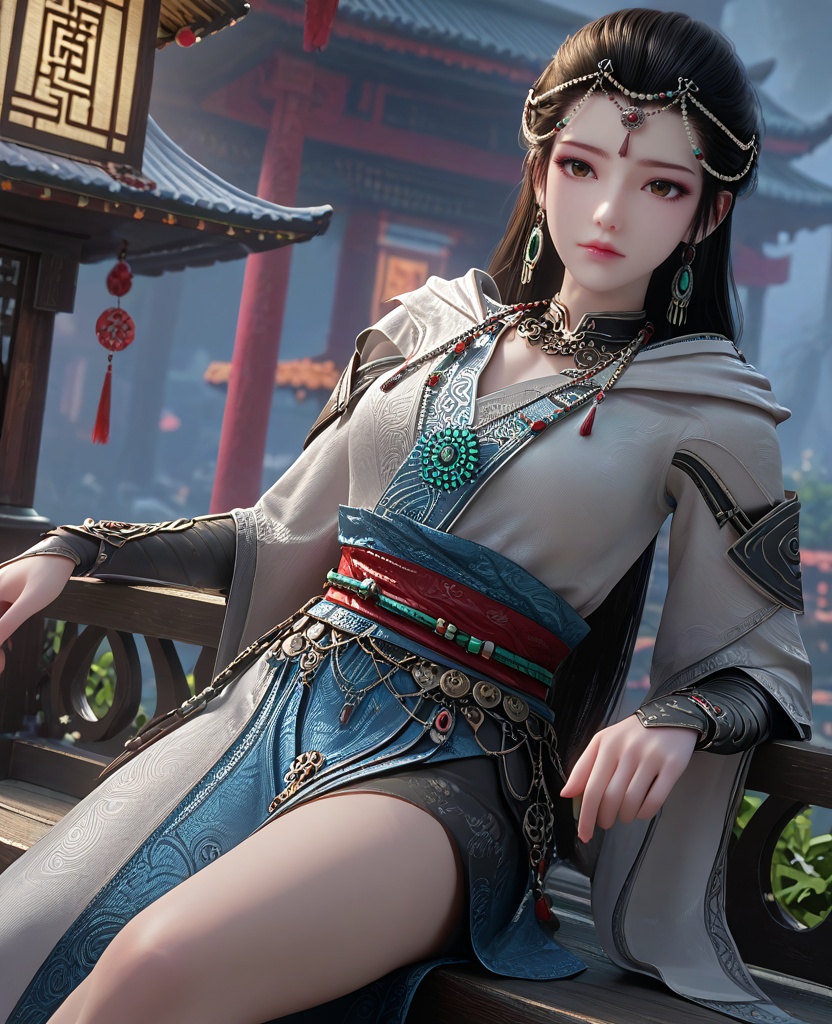 (oriental architecture, elegant decor, sophisticated style:1.1),(Sitting on a bench with one arm resting on the backrest:1.1),(breasts:1.2),<lora:XL16长生界龙岛兰诺:0.95>,miss lannuo,tiered dress,brown eyes,forehead chain,black hair,long hair,earrings,jewelry,necklace,vambraces,sash,assassin‘s cloak,hood,, score_9,score_8_up,score_7_up,score_6_up,score_5_up,score_4_up,3d rendering,tag1,tag2, Cinematic Lighting,backlighting,