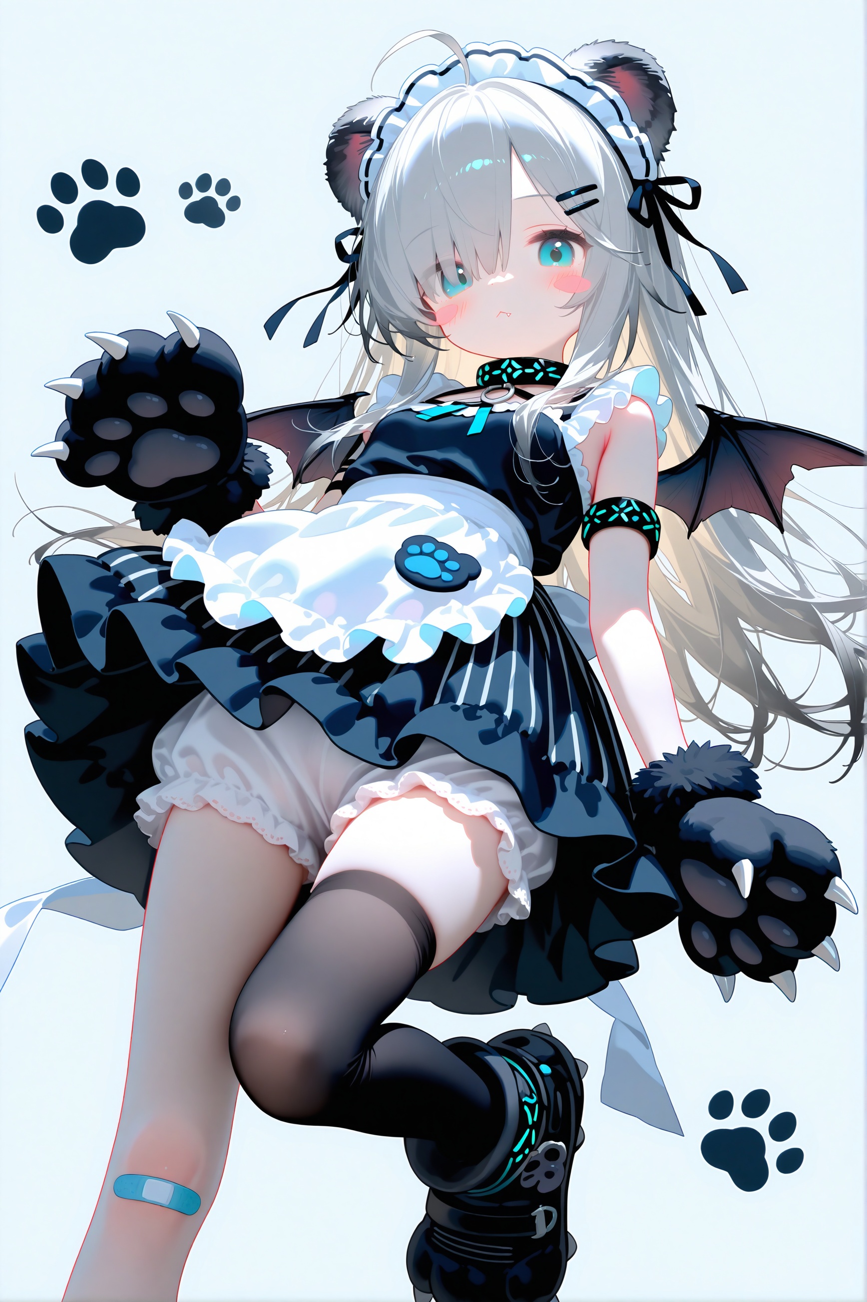 masterpiece,very aware,highres,absurdres,newest,best quality,loli,petite,high quality,chromatic_aberration,//1girl,solo,animal ears,animal hands,long hair,bear ears,thighhighs,looking at viewer,paw print,maid headdress,hairclip,bandaid,hair ornament,grey hair,dress,gloves,bloomers,paw gloves,paw shoes,bandaid on leg,bare shoulders,black thighhighs,wings,blush,closed mouth,breasts,bear girl,collar,from below,black ribbon,leg up,ribbon,black dress,small breasts,black collar,bandaid on knee,underwear,apron,single thighhigh,looking down,infection monitor (arknights),white background,aqua eyes,hair ribbon,frills,standing,standing on one leg,hair between eyes,shoes,white bloomers,blue eyes,sleeveless,simple background,blush stickers,striped clothes,bat wings,maid,knee up,white apron,sleeveless dress,striped dress,mini wings,ahoge,thighs,green eyes,frilled dress,black gloves,:3,black footwear,waist apron,vertical-striped clothes,armband,paw print background,hair over one eye,shadow,eyes visible through hair,parted bangs,cowboy shot,short dress,arm garter,fang,:<,blonde hair,paw print pattern,white hair,chromatic aberration,arm strap,