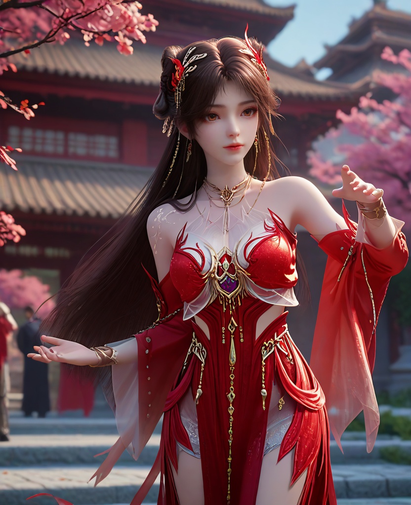 (oriental architecture, elegant decor, sophisticated style:1.1),Standing with arms stretched upwards, reaching for the sky,,(breasts:1.2),<lora:XL16完美世界火灵儿天神境:0.95>,miss huolinger,solo,red dress,brown eyes,brown hair,absurdly long hair,double bun,hair ornament,jewelry,detached sleeves,bracelet,, zPDXL2, score_9, score_8_up, score_7_up BREAK realistic, masterpiece,best quality, highly detailed,, zPDXL3, zPDXL2,zPDXL, zPDXLxxx, zPDXLrl,