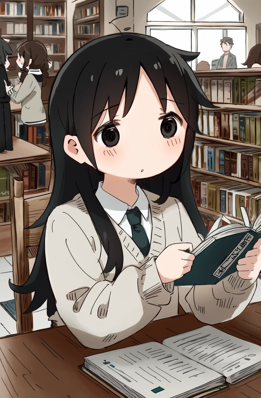 masterpiece,best quality,absurdres,1girl,book,crowd,crossover,indoors,bookshelf,sweater,library,long hair,skirt,school uniform,black hair,kita high school uniform,multiple crossover,reading,long sleeves,sitting,table,