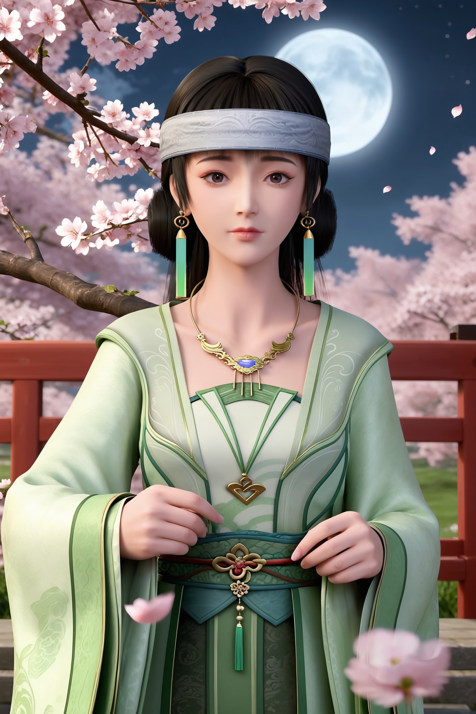 <lora:不死不灭-主角娘Pony:0.7>,1girl,black hair,headband,necklace,earrings,chinese clothes,green dress,sash,long sleeves,wide sleeves,long legs,, masterpiece,best quality,solo,1girl,upper body,petals,looking at viewer,moon,branch,cherry blossoms,flower,extreme aesthetic,(quasarcake:0.7),masterpiece,best quality,good quality,newest,very aesthetic,absurdres,A shot with tension,(Visual impact,giving the poster a dynamic and visually striking appearance:1.2),impactful picture,offcial art,colorful,splash of color,movie perspective,